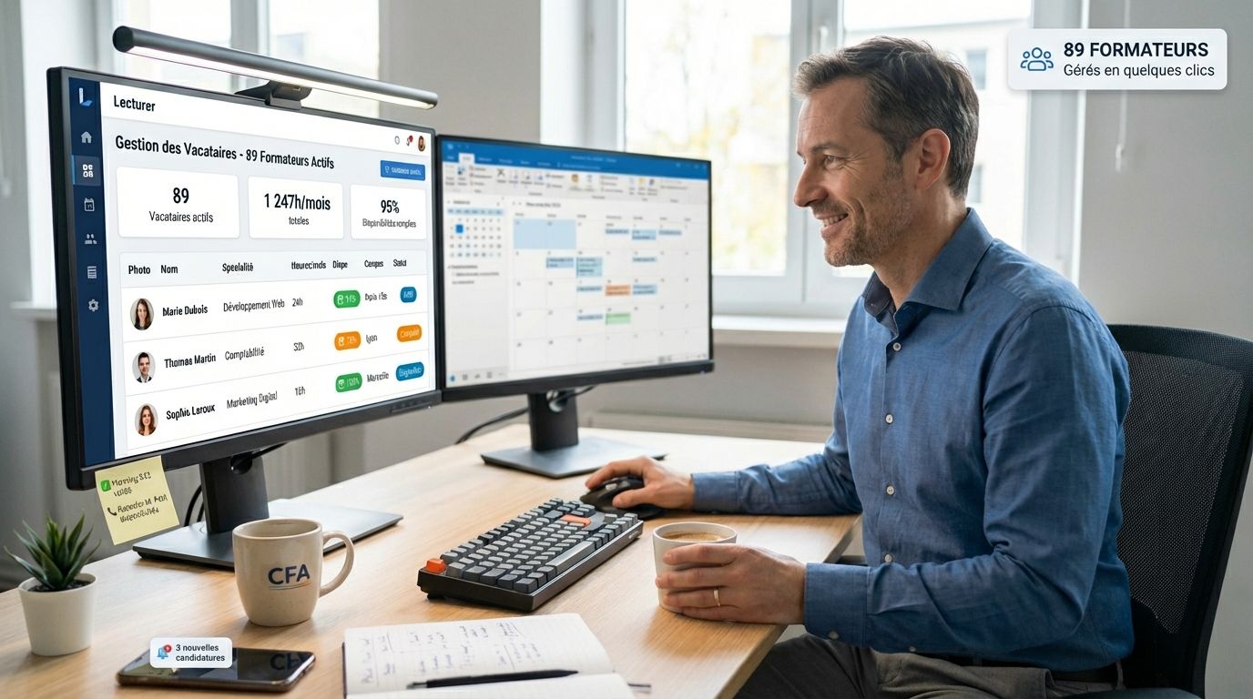  Coordinateur pédagogique français gérant 89 formateurs vacataires via interface Lecturer disponibilités heures affectations temps réel