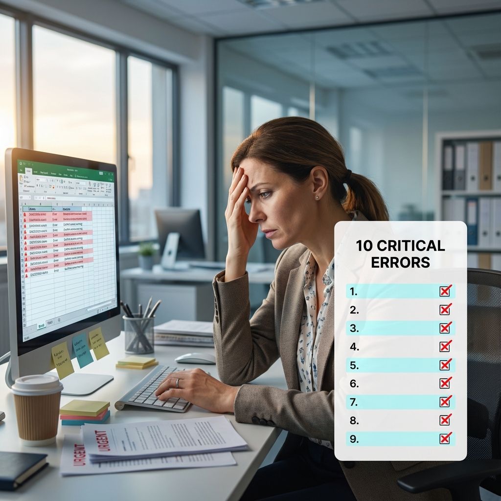 Responsable pédagogique stressée devant écran montrant planning erroné avec liste 10 erreurs courantes emploi du temps académique