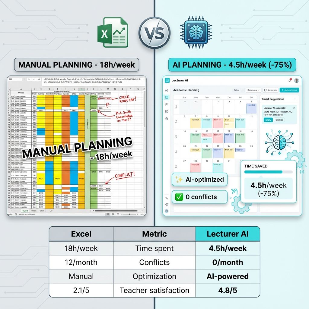 Comparaison interface Excel planning manuel versus logiciel IA Lecturer montrant automatisation optimisation et gain temps
