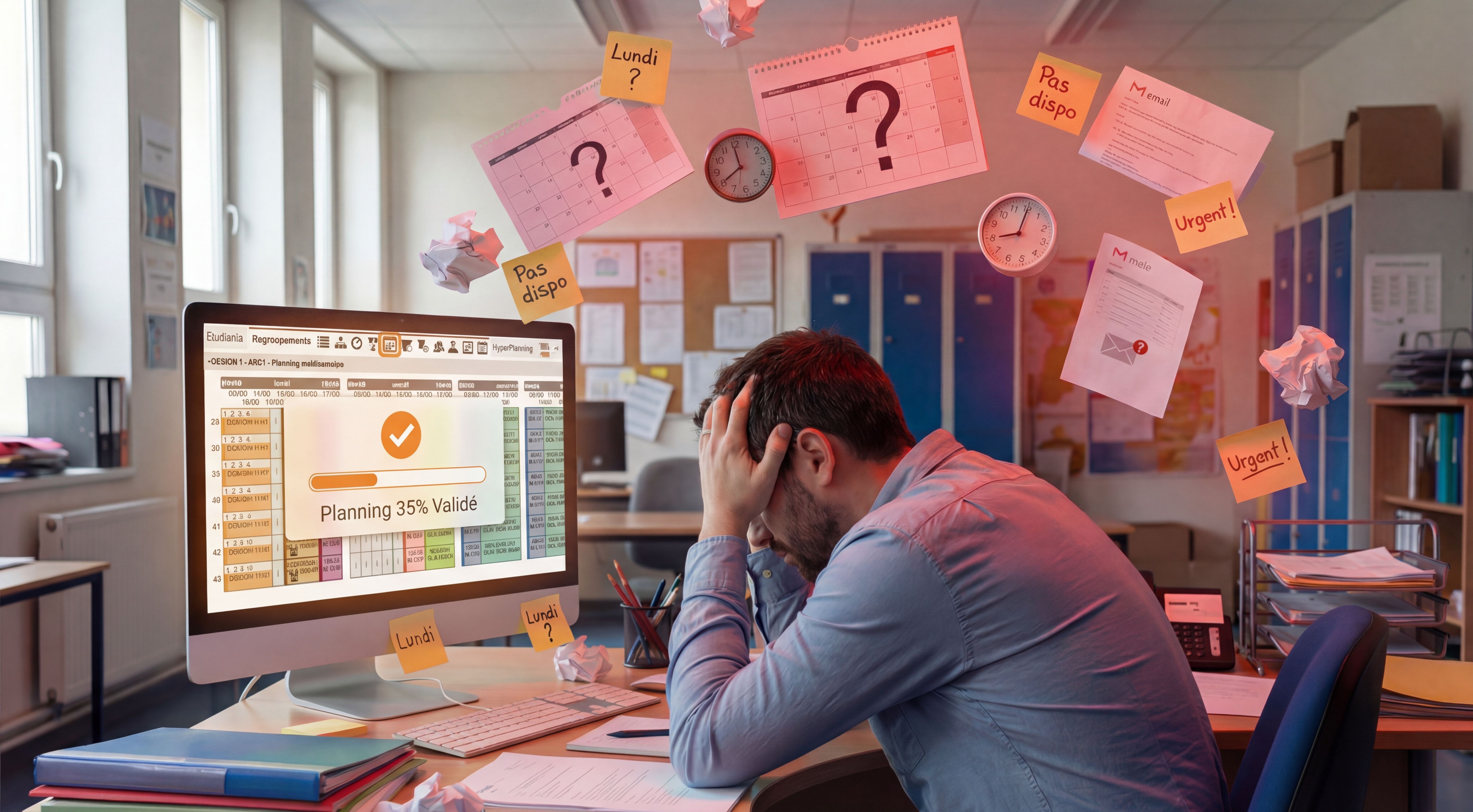 Homme épuisé et stressé (coordinateur pédagogique) assis devant un écran d'ordinateur affichant un planning validé à seulement 35%, tandis que des notes manuscrites et calendriers volants avec des questions, refus et alertes "Urgent!" flottent autour de lui.