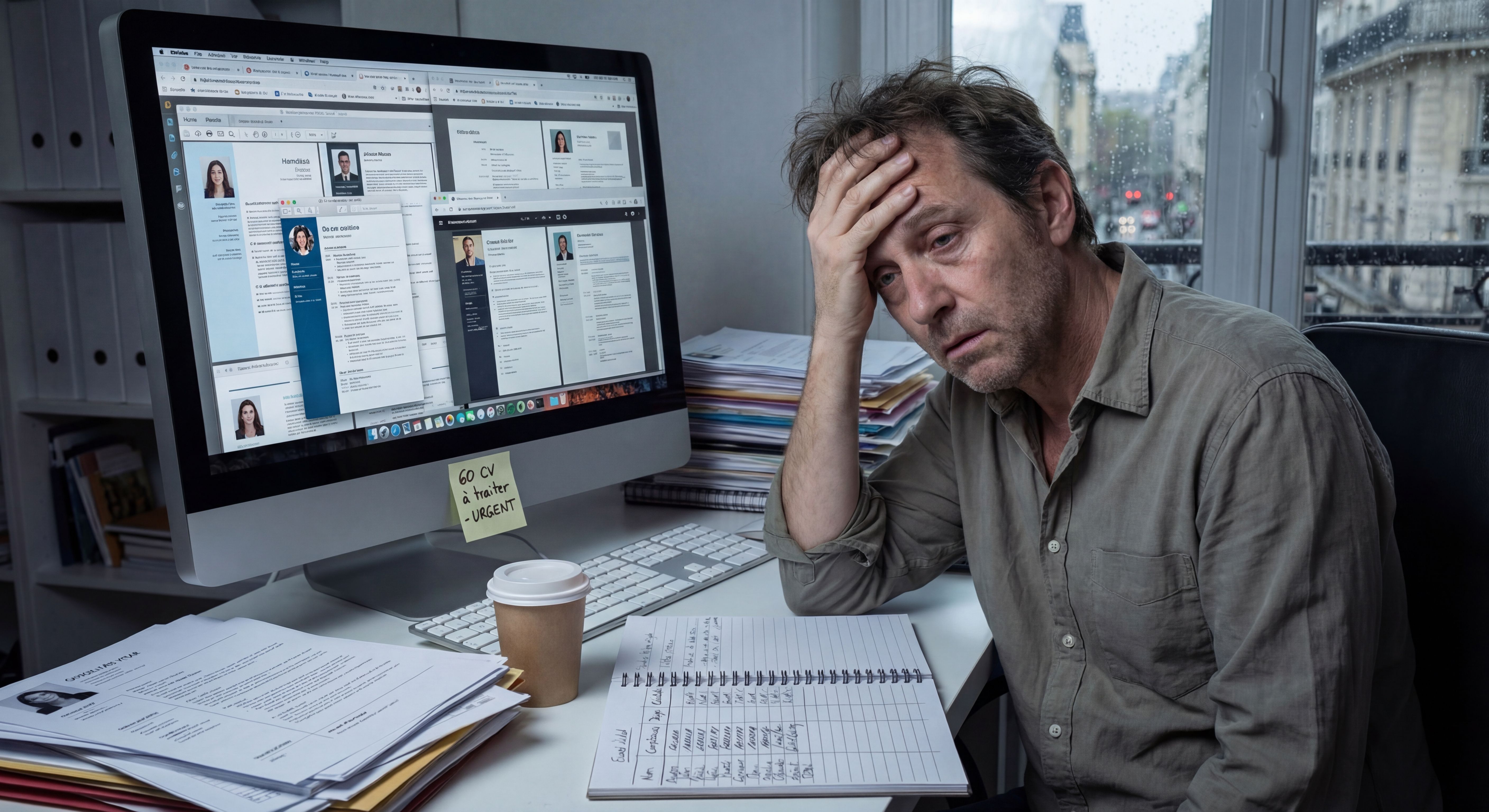 Photographie d'un homme d'âge moyen, l'air épuisé, assise à un bureau encombré devant un écran d'ordinateur affichant de nombreux CV. Elle se tient la tête d'une main et soupire. Un post-it sur l'écran indique "60 CV à traiter - URGENT". Un carnet avec des colonnes manuscrites est ouvert devant elle. L'ambiance est celle d'un bureau un jour de pluie.