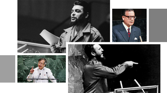 Ernesto Che Guevara, Salvador Allende Gossens, Fidel Castro Ruz, and President Gustavo Petro Urrego of Colombia.  Fundación Salvador Allende; United Nations Library.  