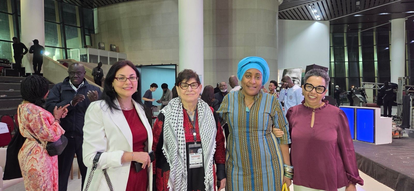 :Rabab Abdulhadi with Ambassadors of Columbia-Cuba-Venezuale-to Senegal at the Museum of African Civilizations-Dakar-Fanon-Centenial-Conference-Opening Reception-December17-2025