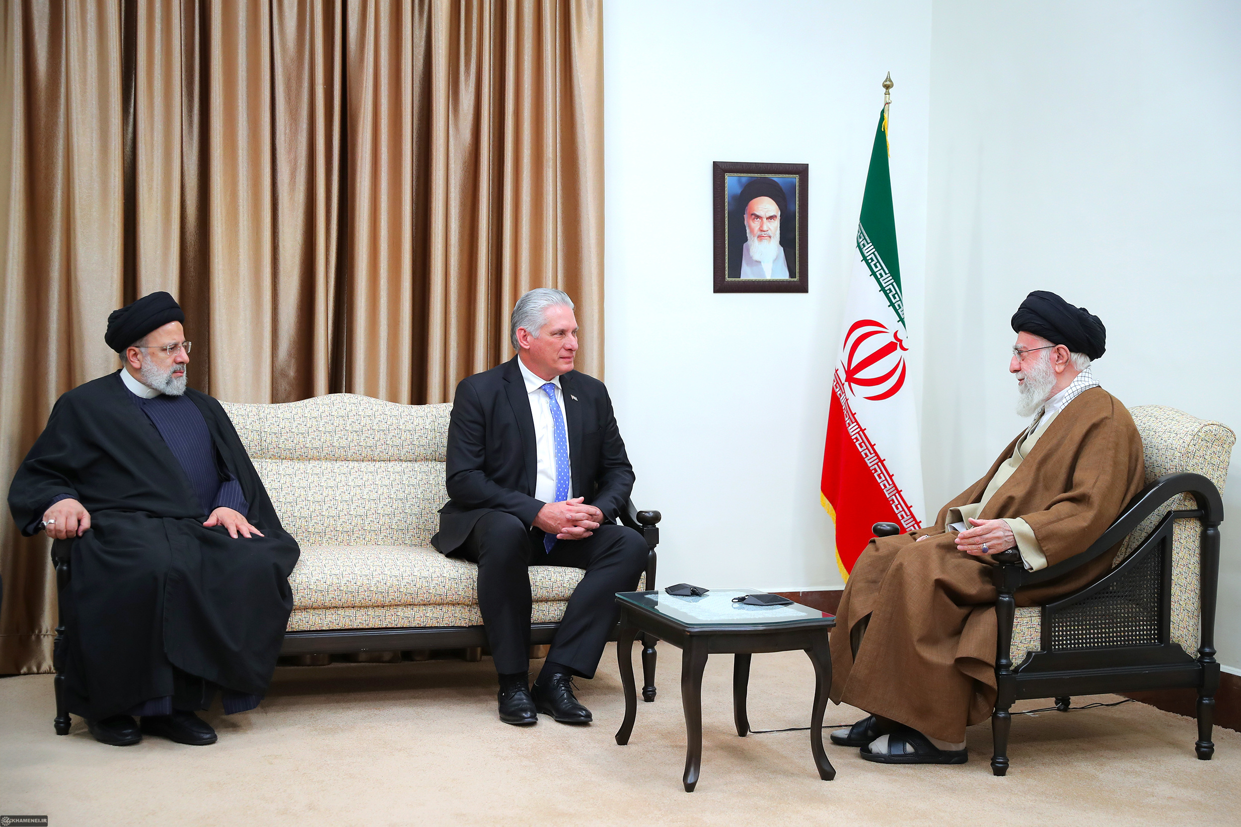 Cuban President of Cuba Miguel Díaz-Canel with the Supreme Leader of the Islamic Republic of Iran, Ayatollah Khamenei and President Ebrahim Raisi, December 2023