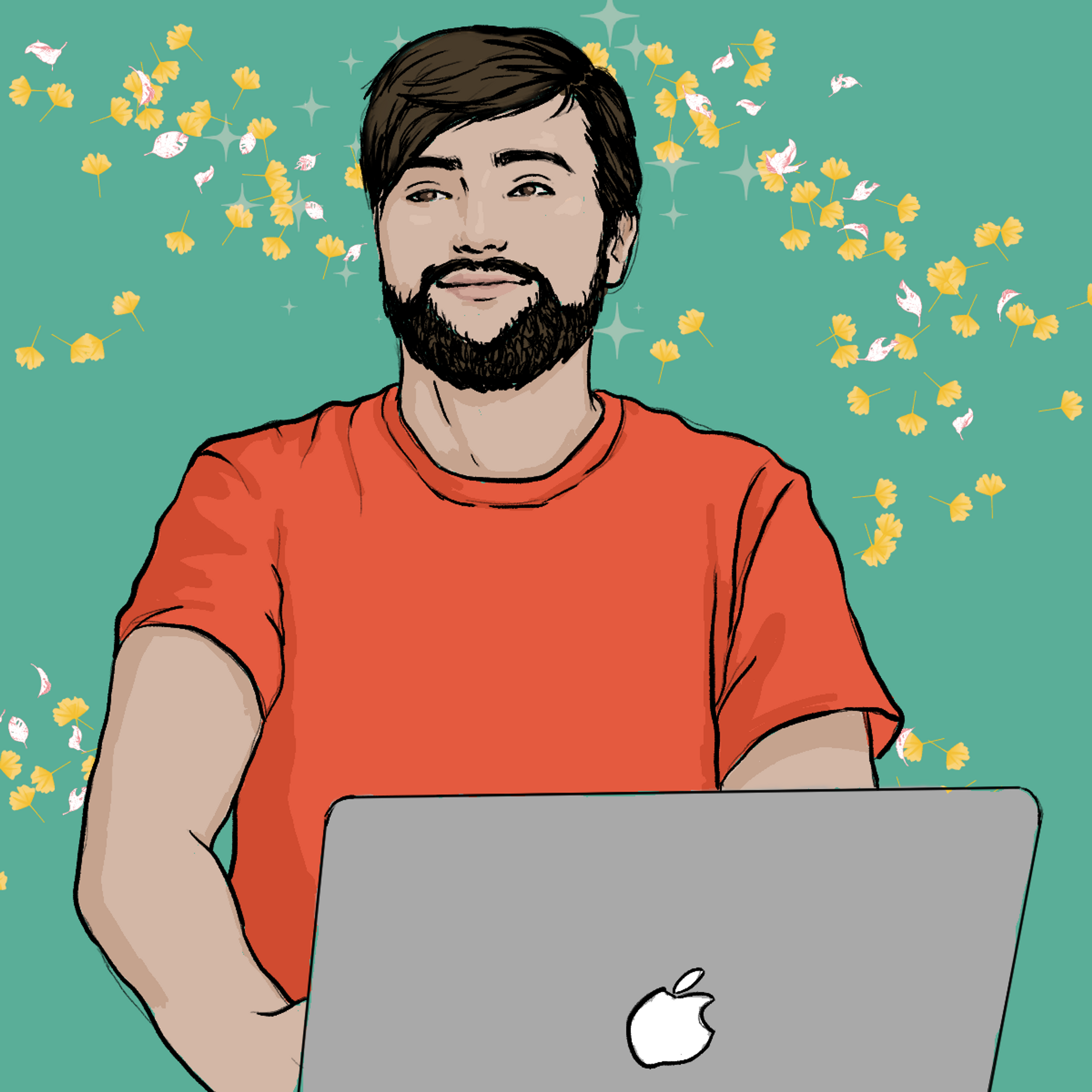 A cartoon style drawing of me in a red shirt using a mac. I have a beard and medium length brown hair.