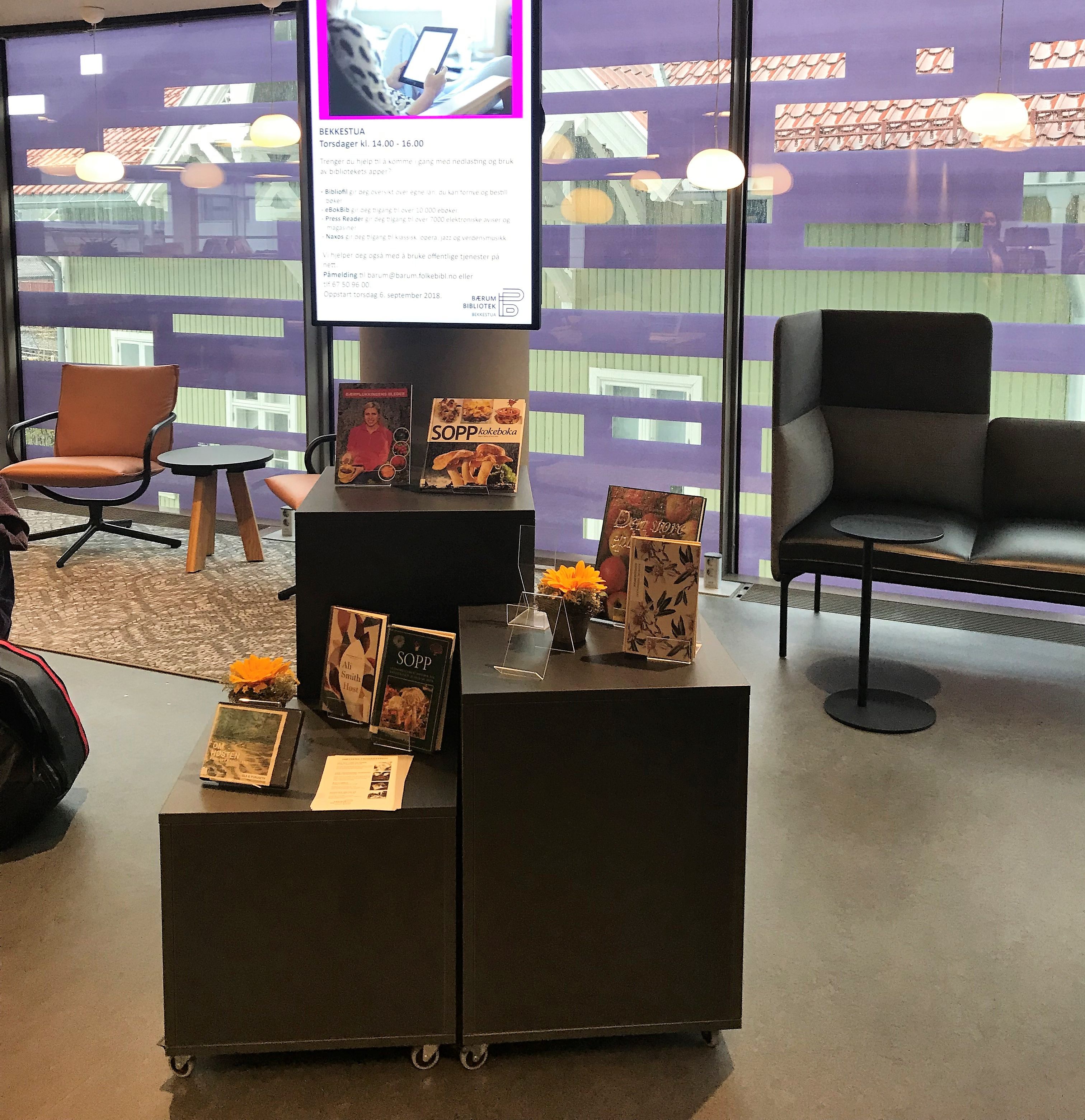 en utstilling av bøker og et skilt som sier digital hjelp på biblioteket