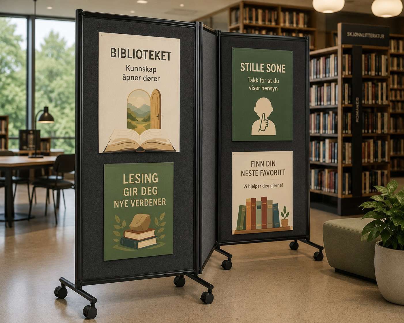 Mobile display stand with four posters in a library, promoting reading, the library, and a quiet zone.