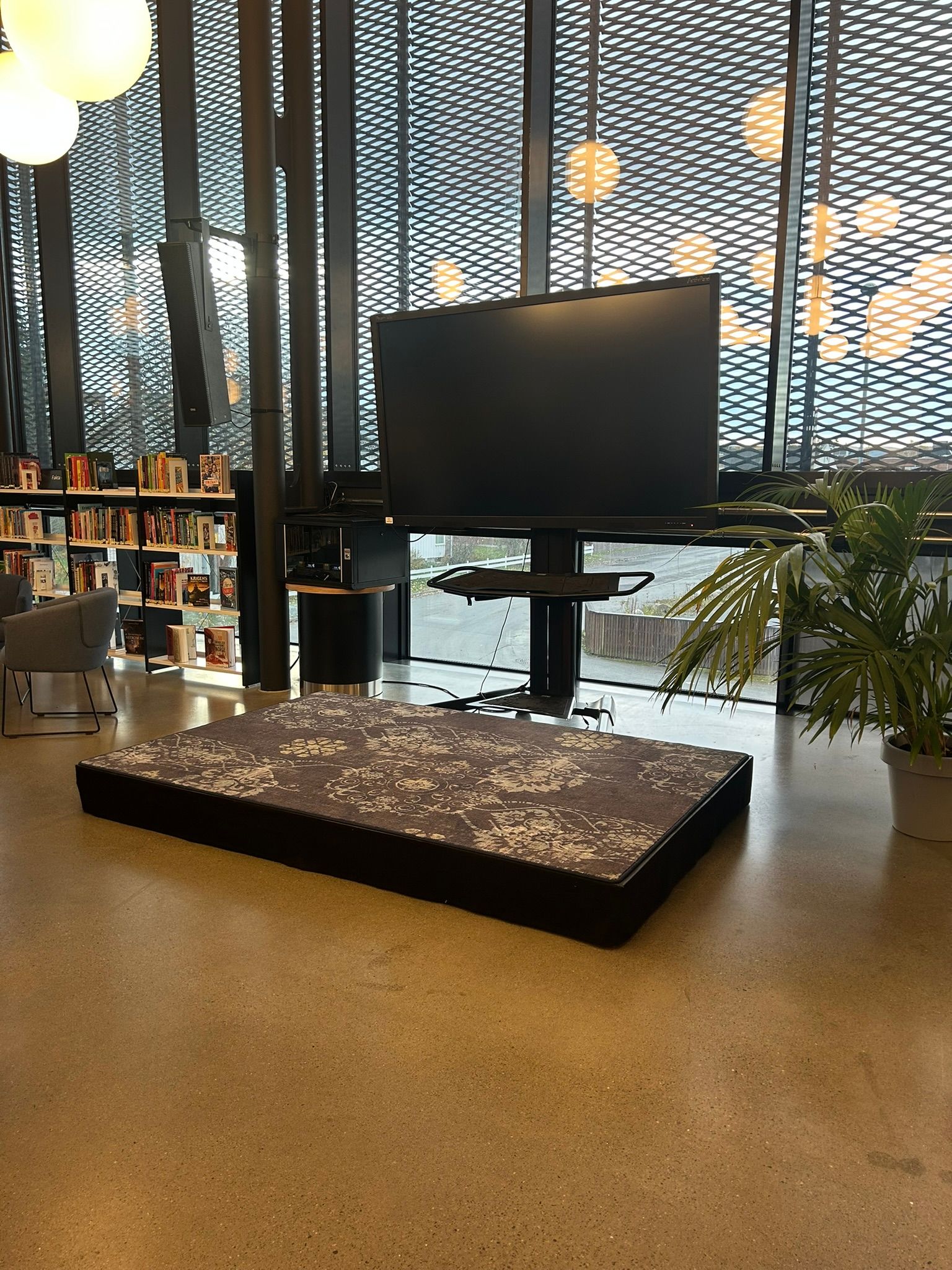 A large TV screen on a stand in a modern room, with a patterned floor mat in front and bookshelves in the background.