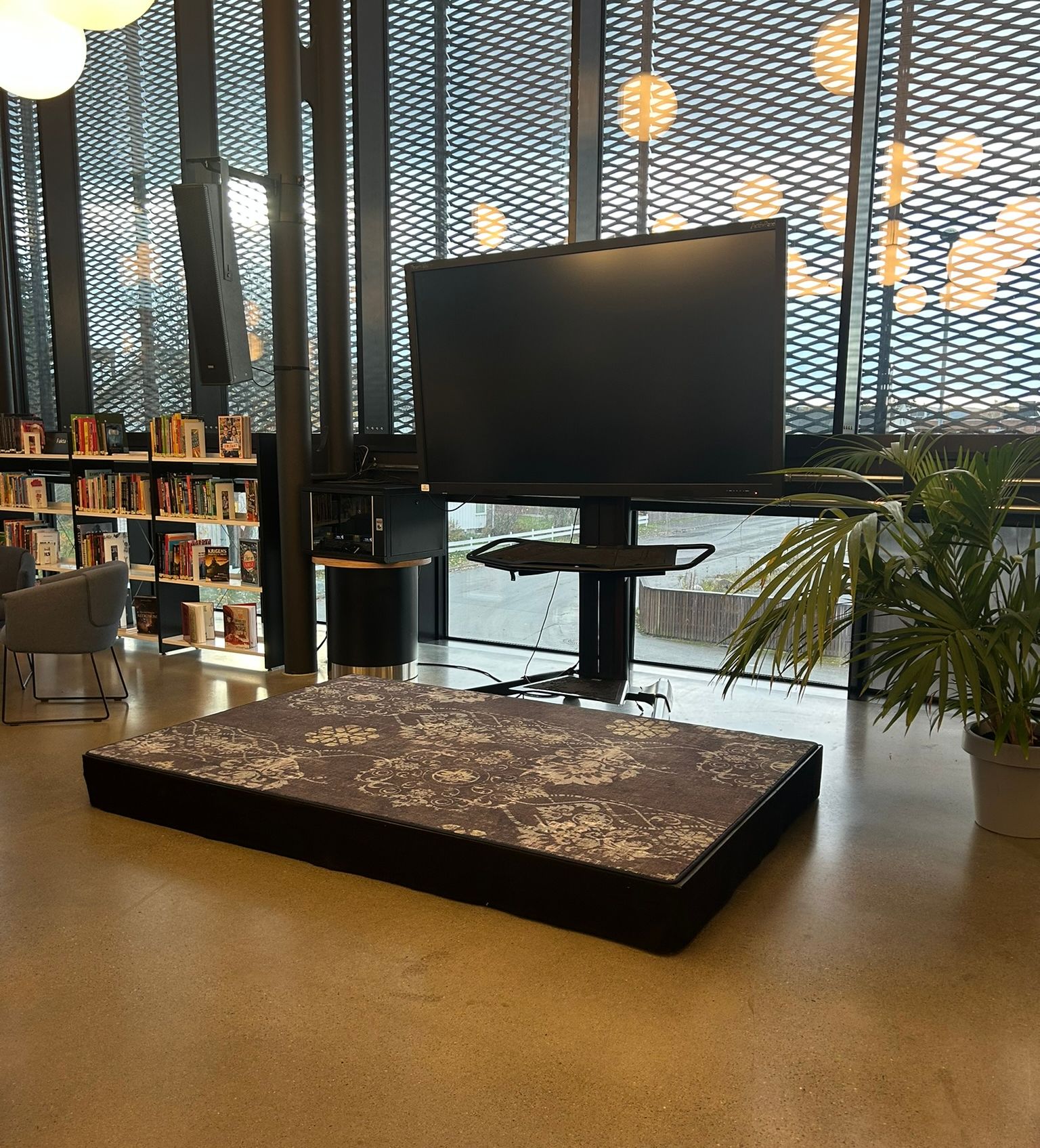 A large TV screen on a stand in a modern room, with a patterned floor mat in front and bookshelves in the background.