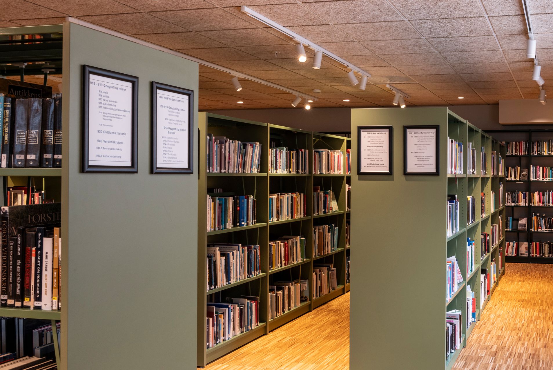 A modern library with green bookshelves, a wooden floor, and a small table with two chairs by tall windows.