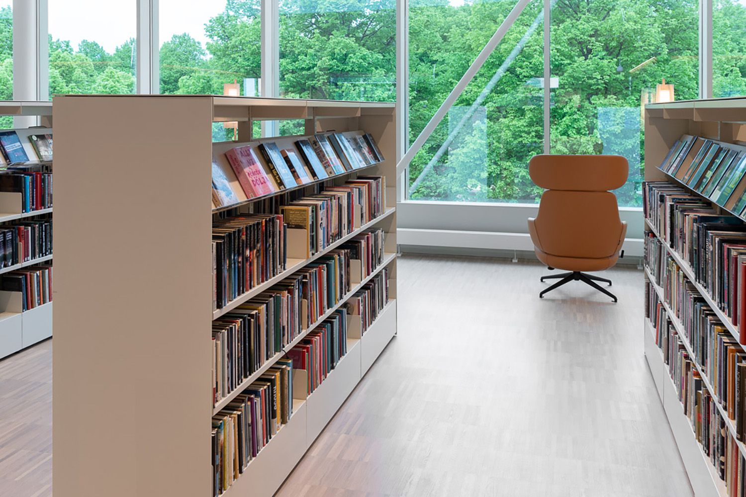 et bibliotek med bokreoler og store vinduer