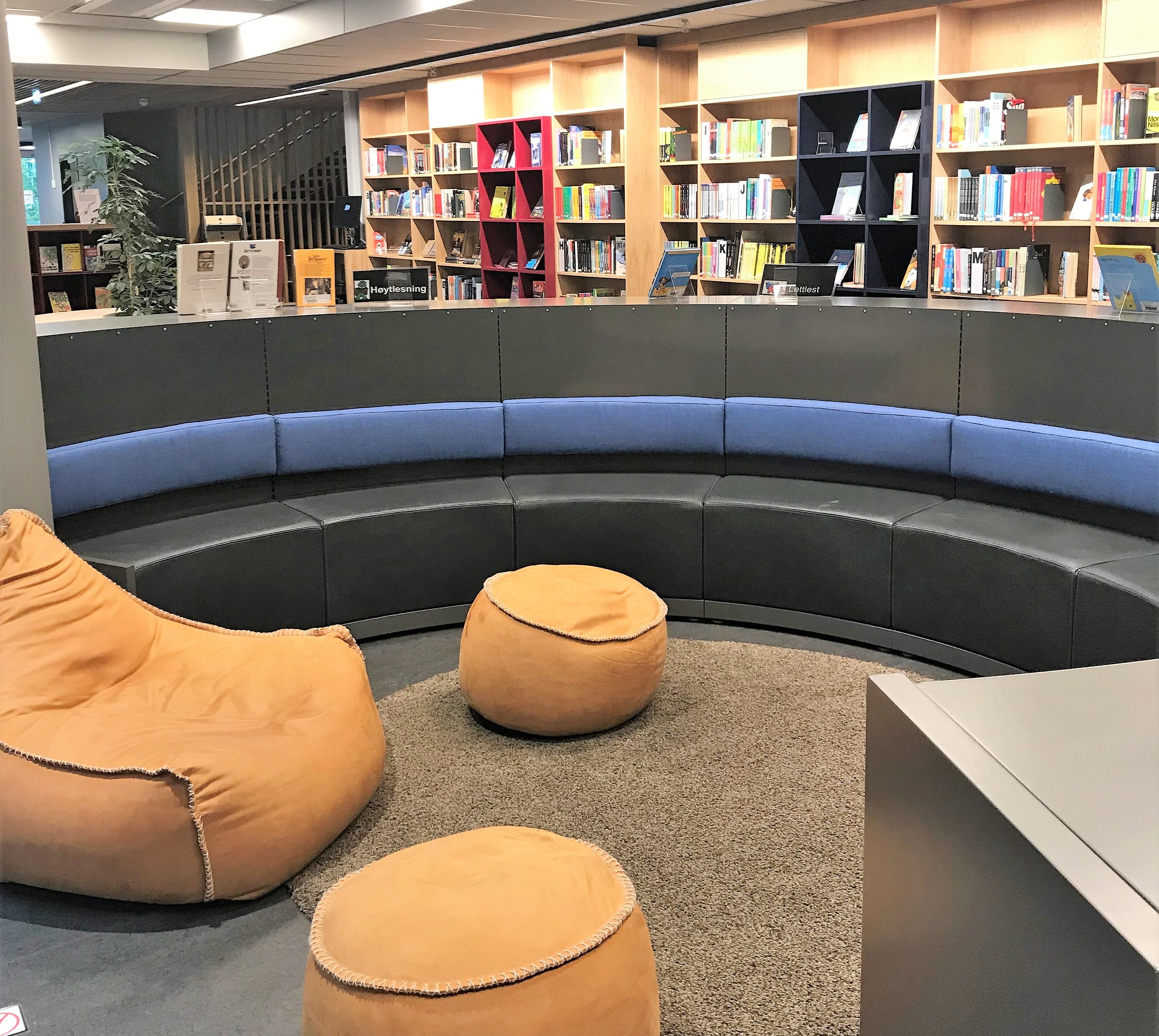 et bibliotek med saccosekker og puffer