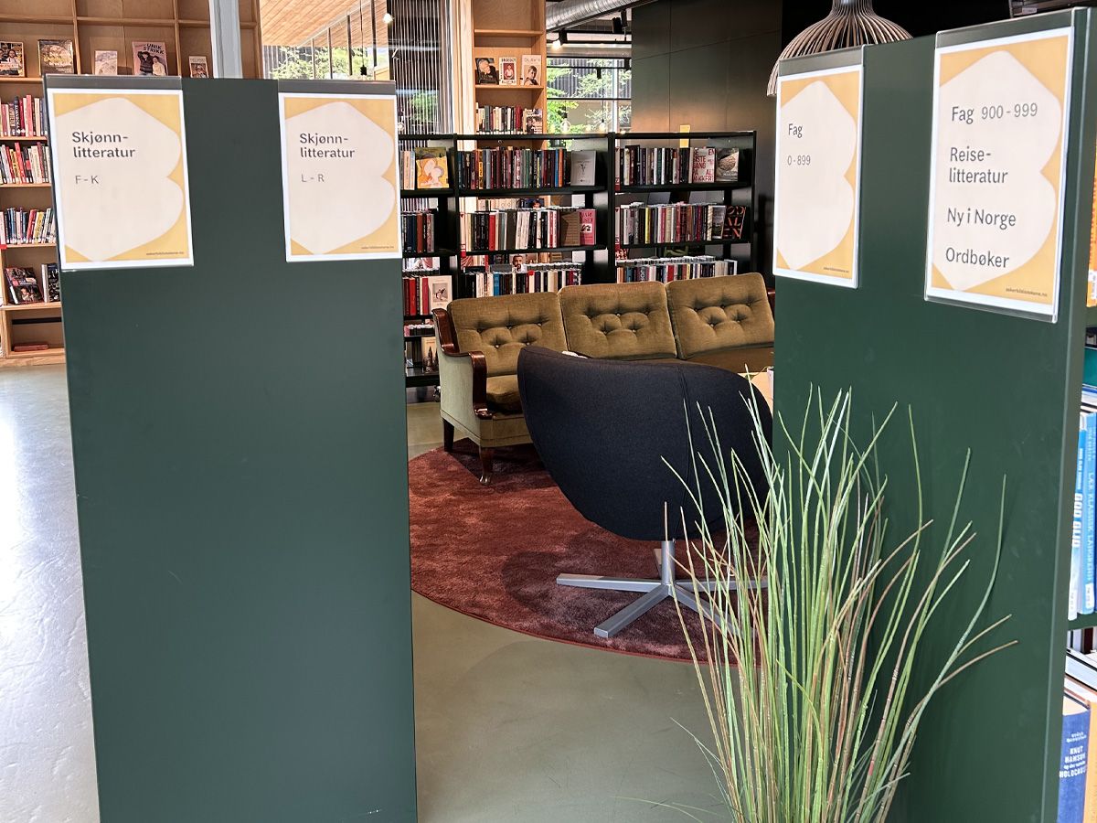 et bibliotek der bibliotekreolene har veiledningsskilt på gavlene