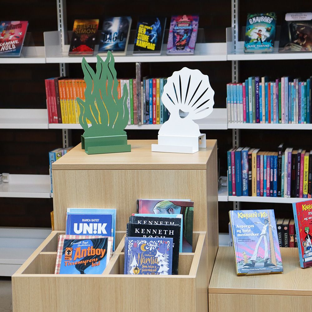 A library area with shelves of books, a display of children's books, and decorative green flame and white seashell bookends.