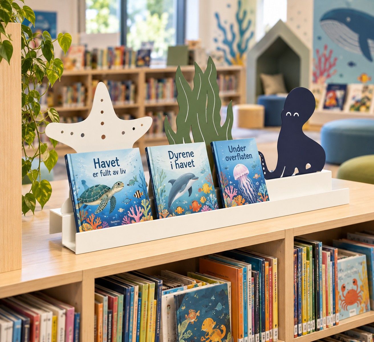 A children's library section with ocean-themed books on display, featuring starfish and octopus cutouts, and a colorful ocean mural in the background.