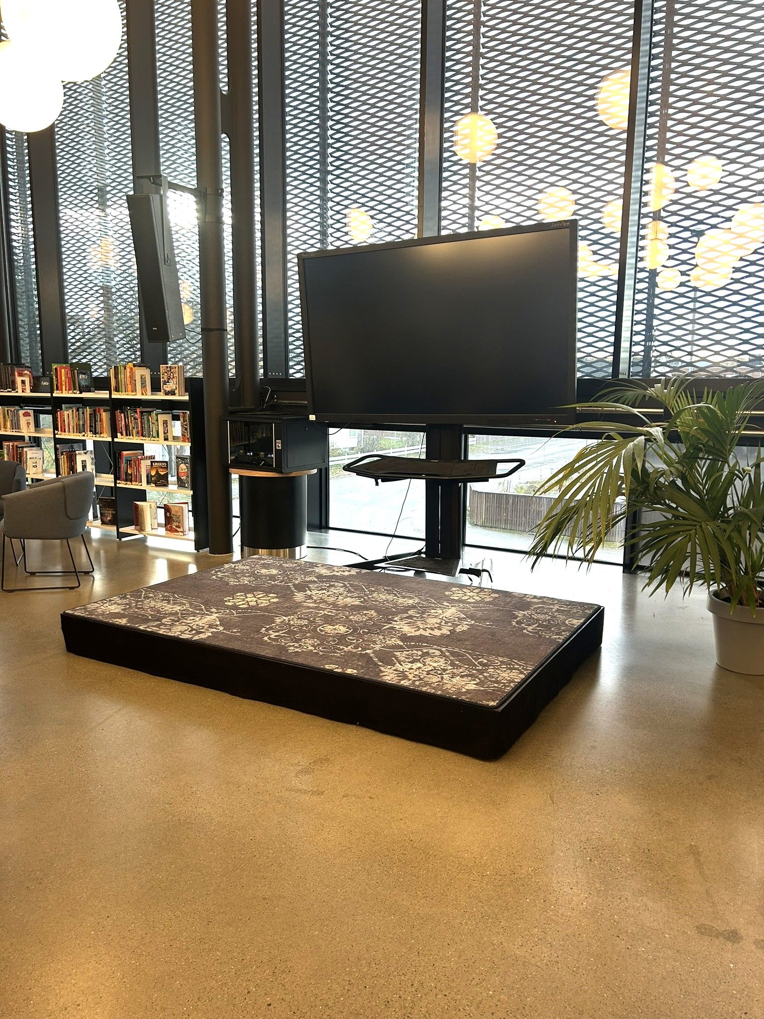 A modern library or study room with a large TV screen, a low rectangular patterned mat, bookshelves, and large windows.
