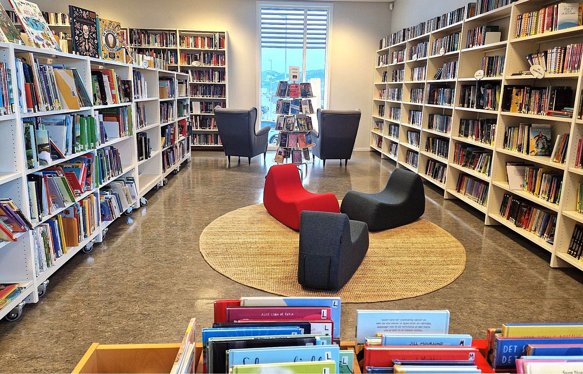 Modern library with white bookshelves filled with books, a seating area with red and dark gray lounge chairs on a round rug, and two armchairs.