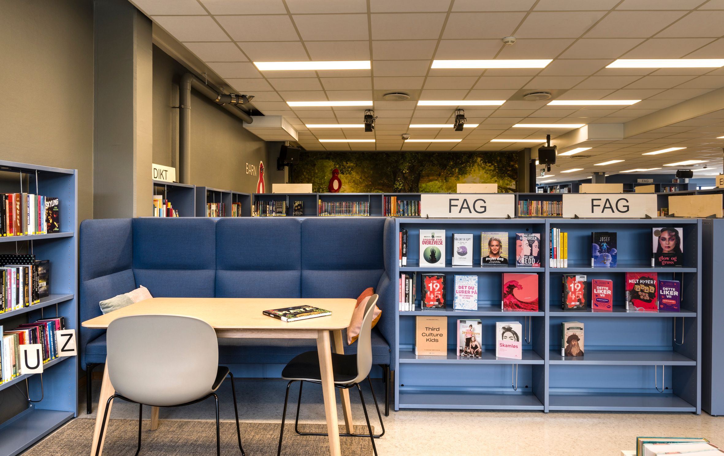 et bibliotek med en sofa tilpasset i reolen og et bord foran