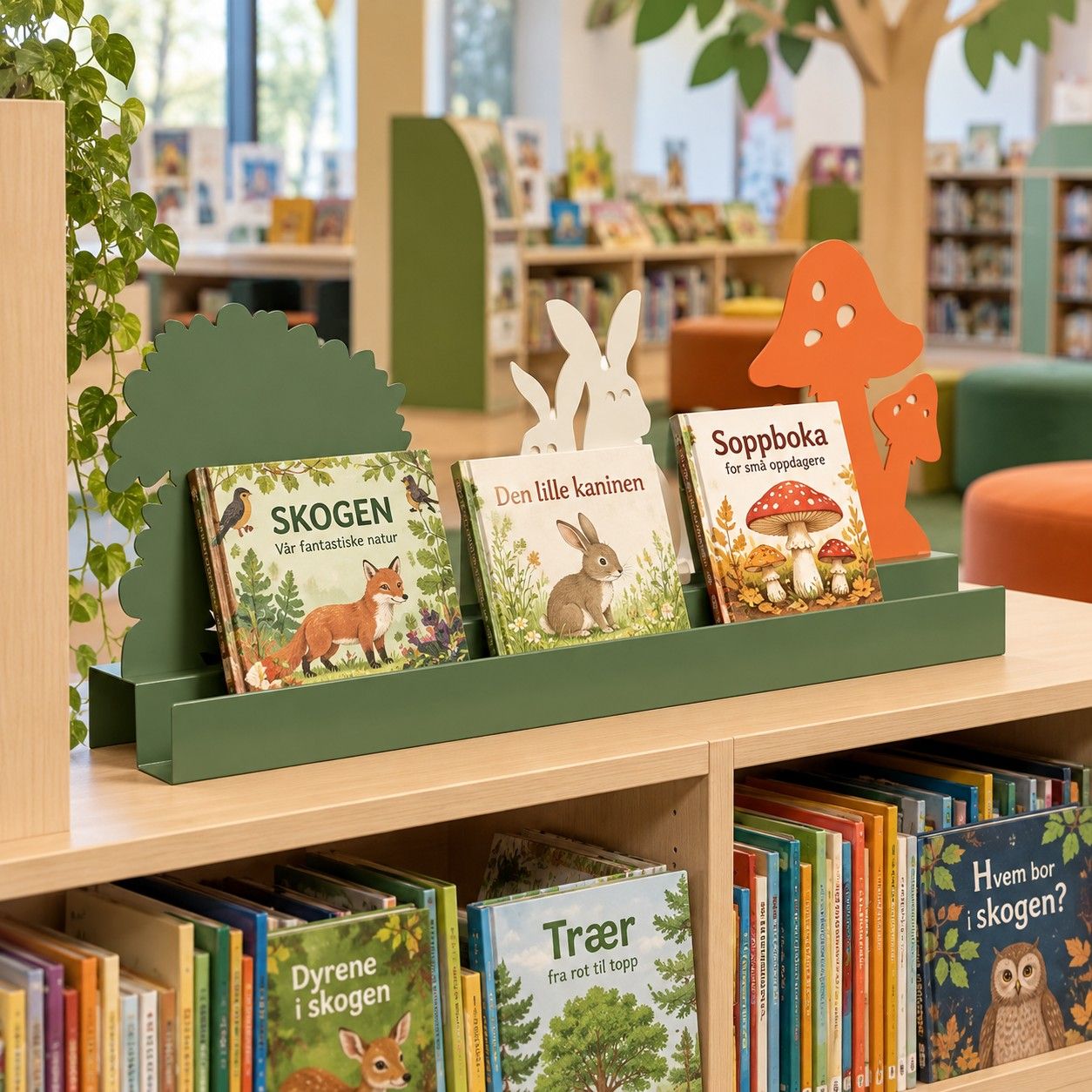 Children's nature-themed books displayed on a shelf with forest decorations in a library.