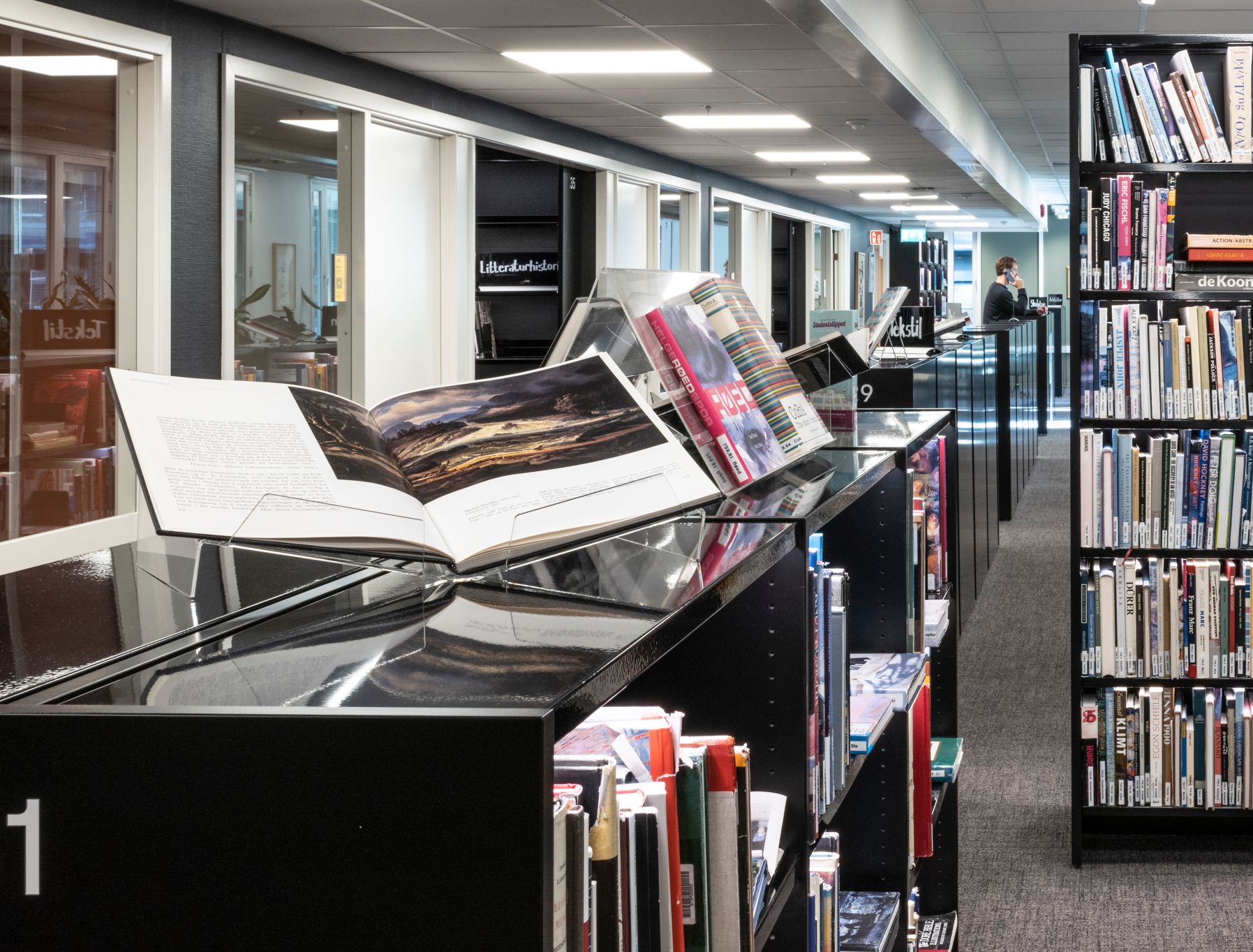 det er mange bøker på hyllene i biblioteket.