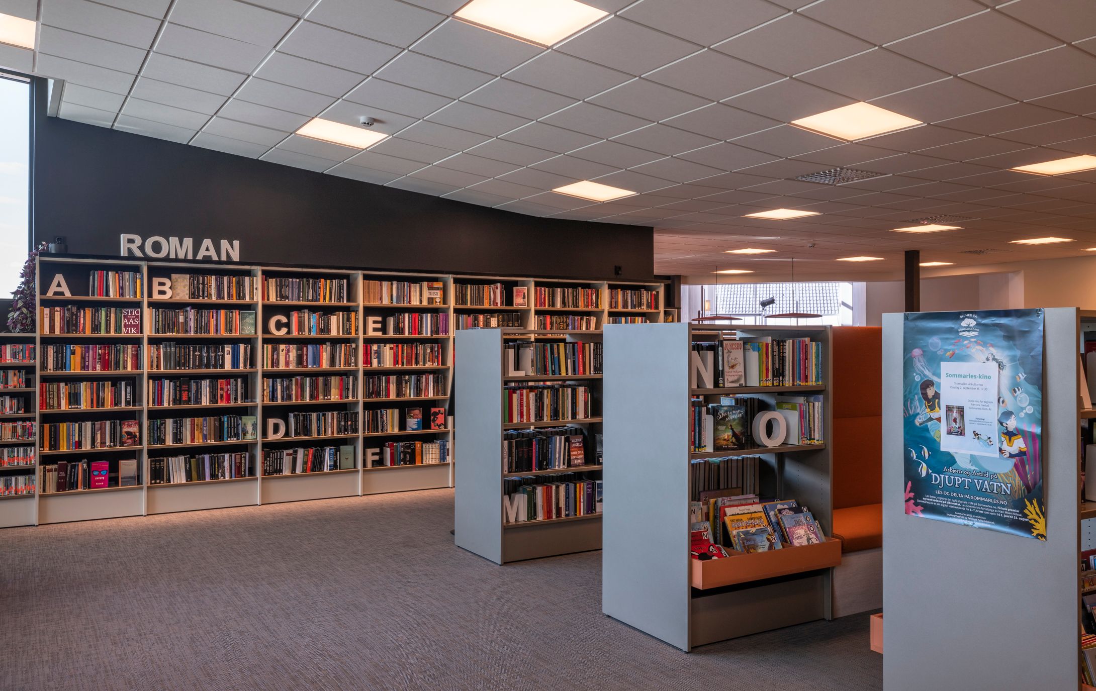 et bibliotek med mange bokreoler