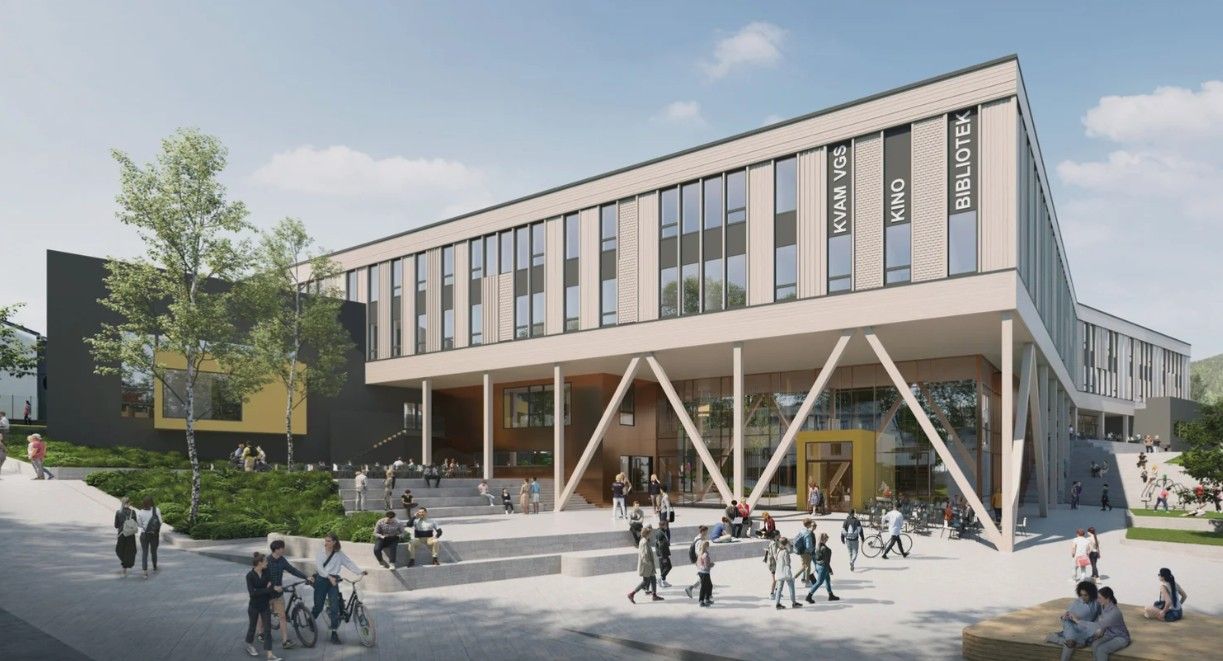 A modern school, cinema, and library complex with an outdoor plaza bustling with students.