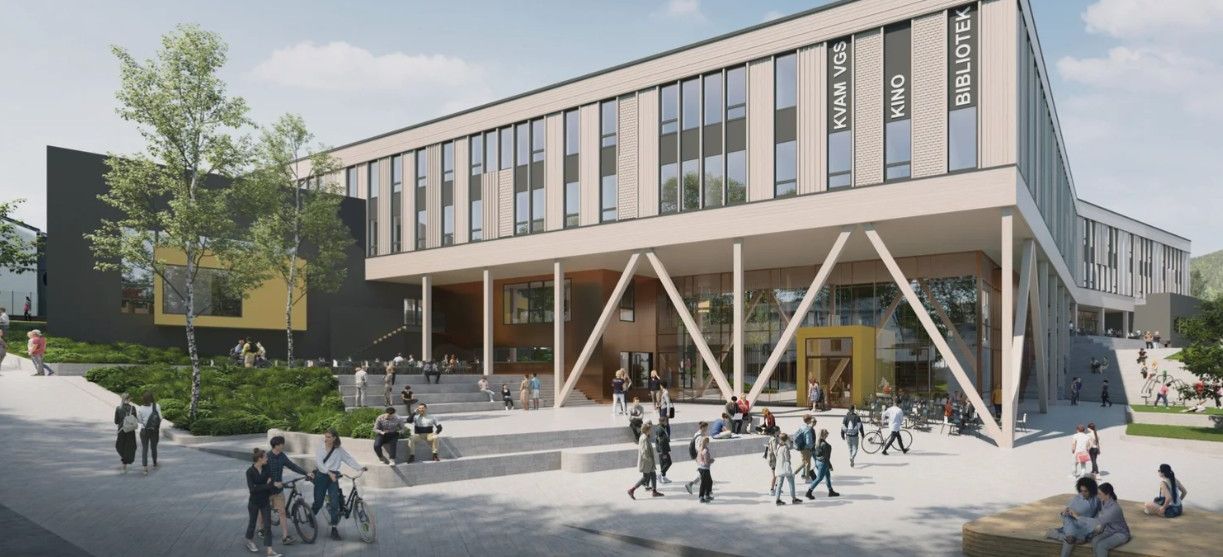 A modern school, cinema, and library complex with an outdoor plaza bustling with students.