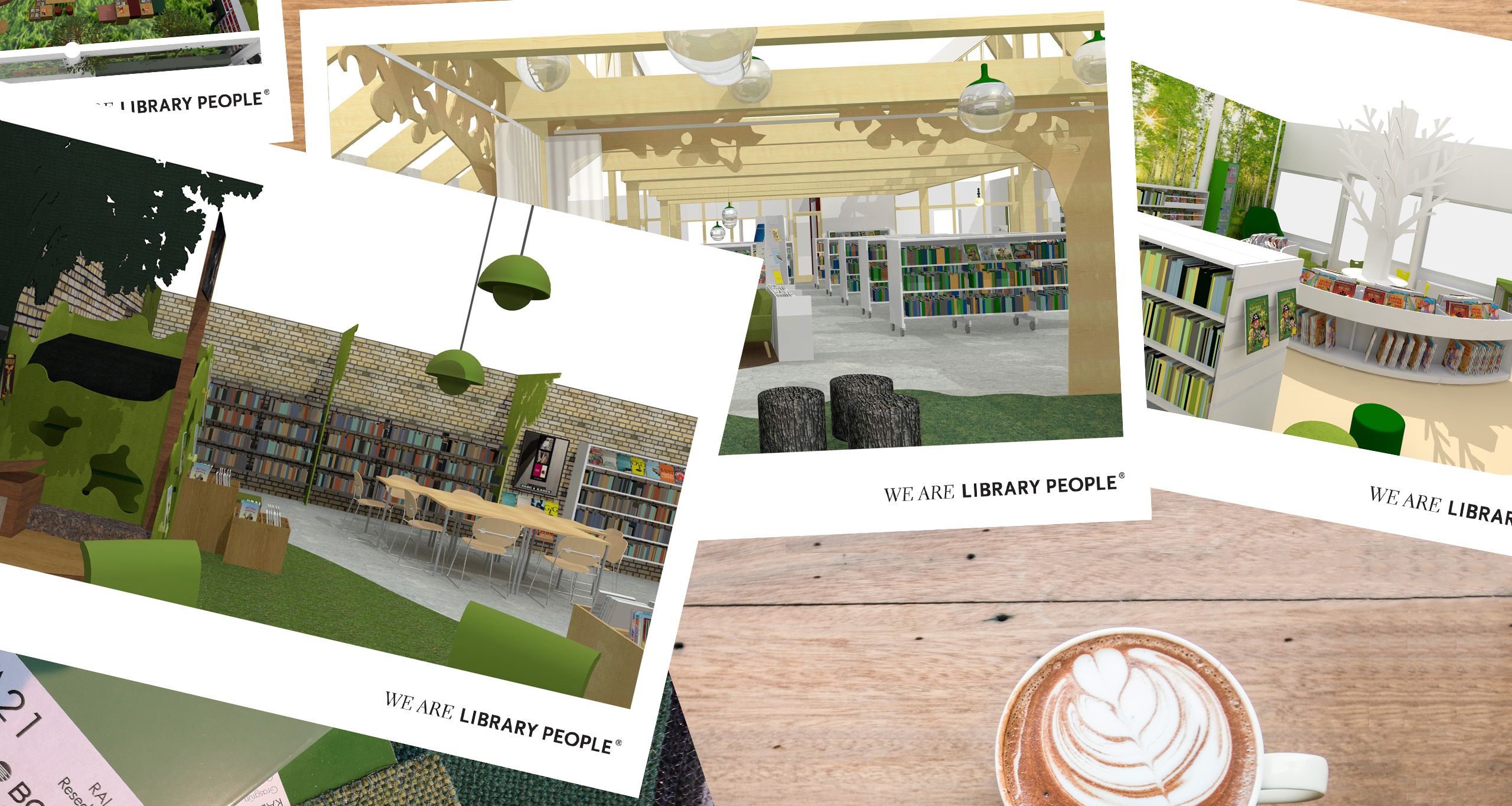 en rekke plansjer med forslag til bibliotekinnredning ligger på et bord.