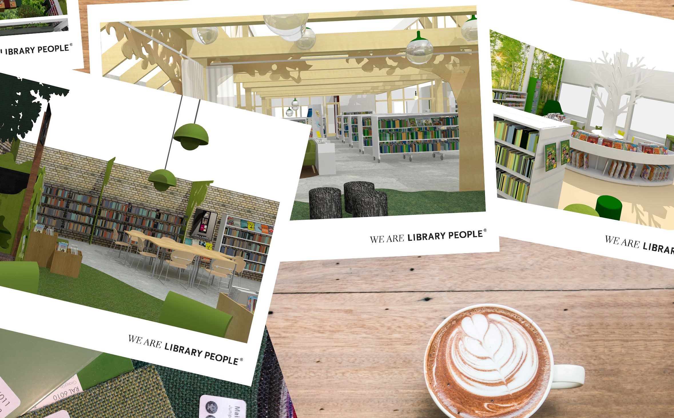 en rekke planløsninger av bibliotek ligger på et bord ved siden av en kaffekopp