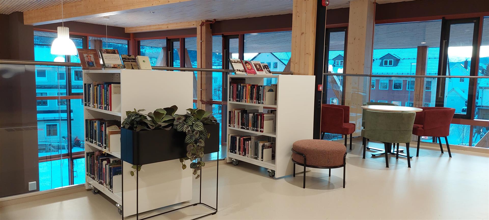 Modern library area with white bookshelves, green plants, and lounge seating next to large windows.