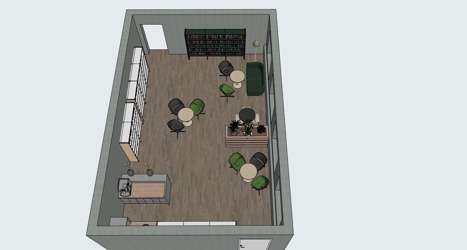 Isometric view of a modern library lounge with varied seating, bookshelves, and a coffee counter.