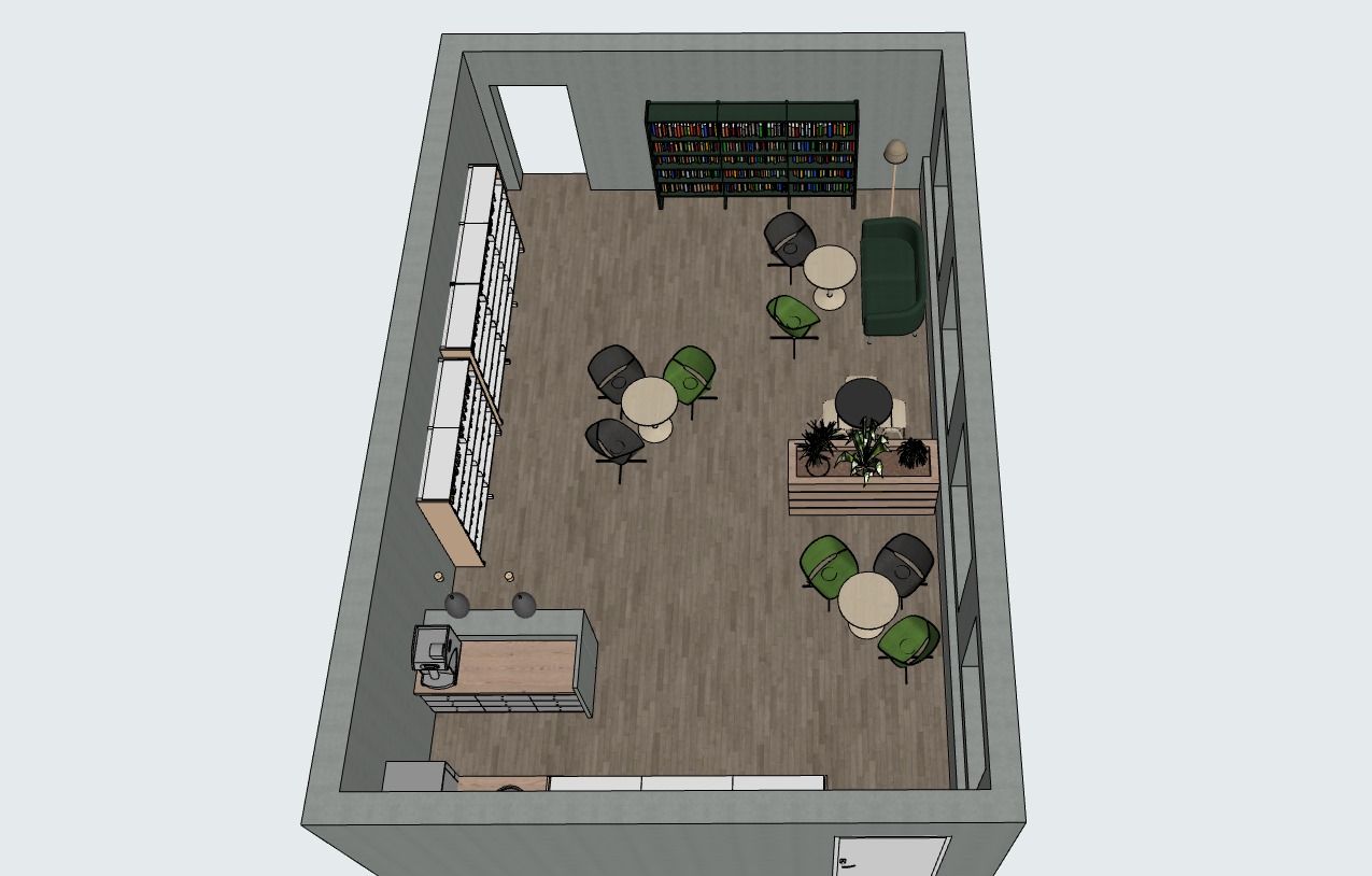 Isometric view of a modern library lounge with varied seating, bookshelves, and a coffee counter.
