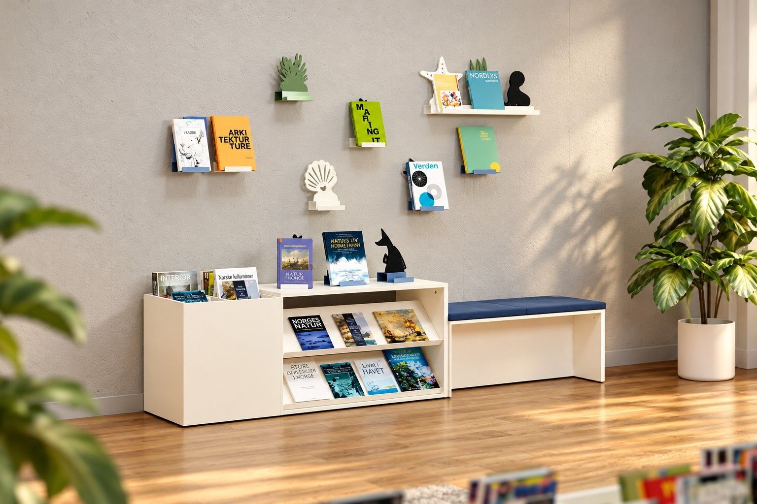 A bright room with a light gray wall, wooden floor, a white bookshelf displaying books, several books mounted on the wall, a white bench with a blue cushion, and a large potted plant.