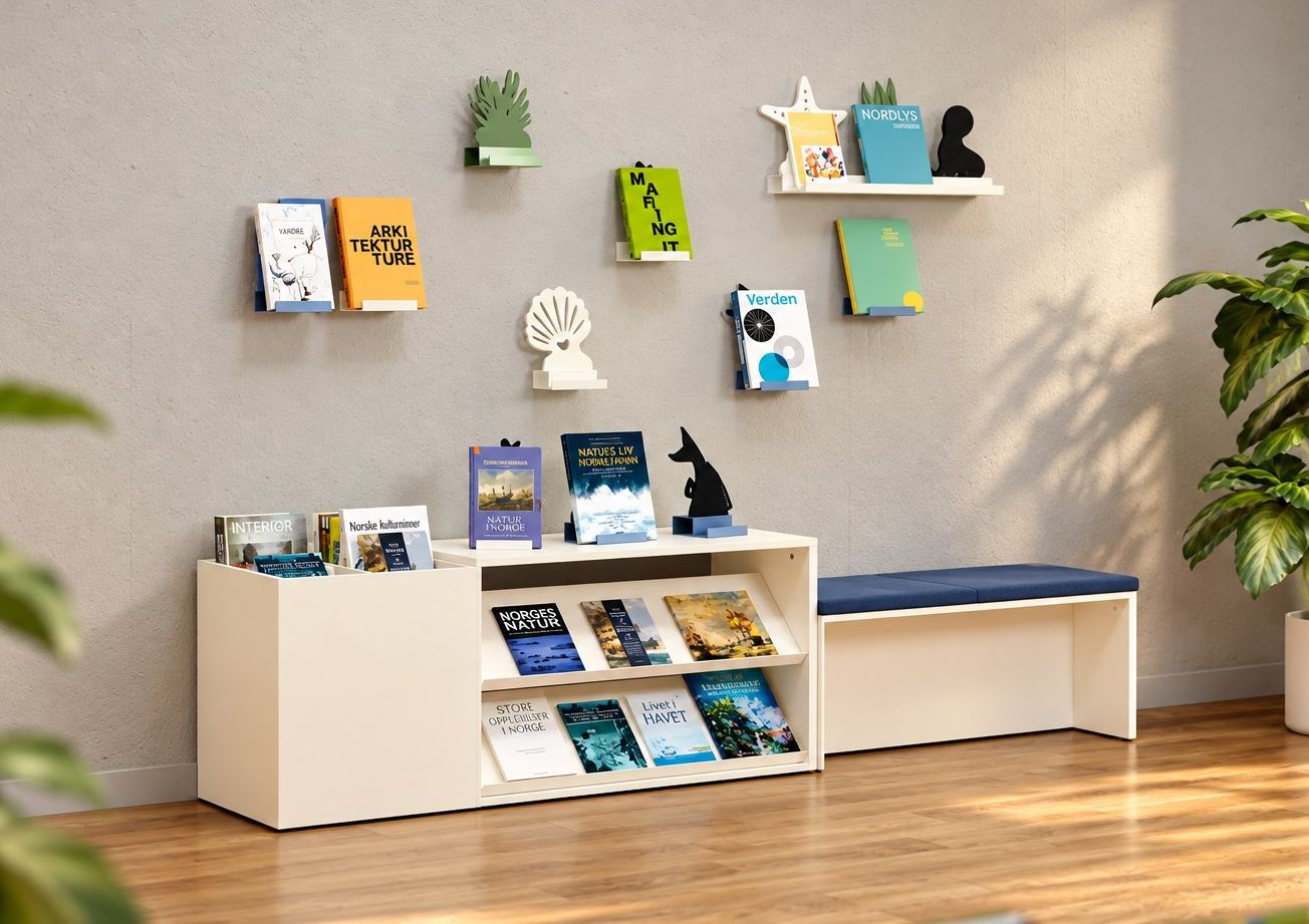 A bright room with a light gray wall, wooden floor, a white bookshelf displaying books, several books mounted on the wall, a white bench with a blue cushion, and a large potted plant.