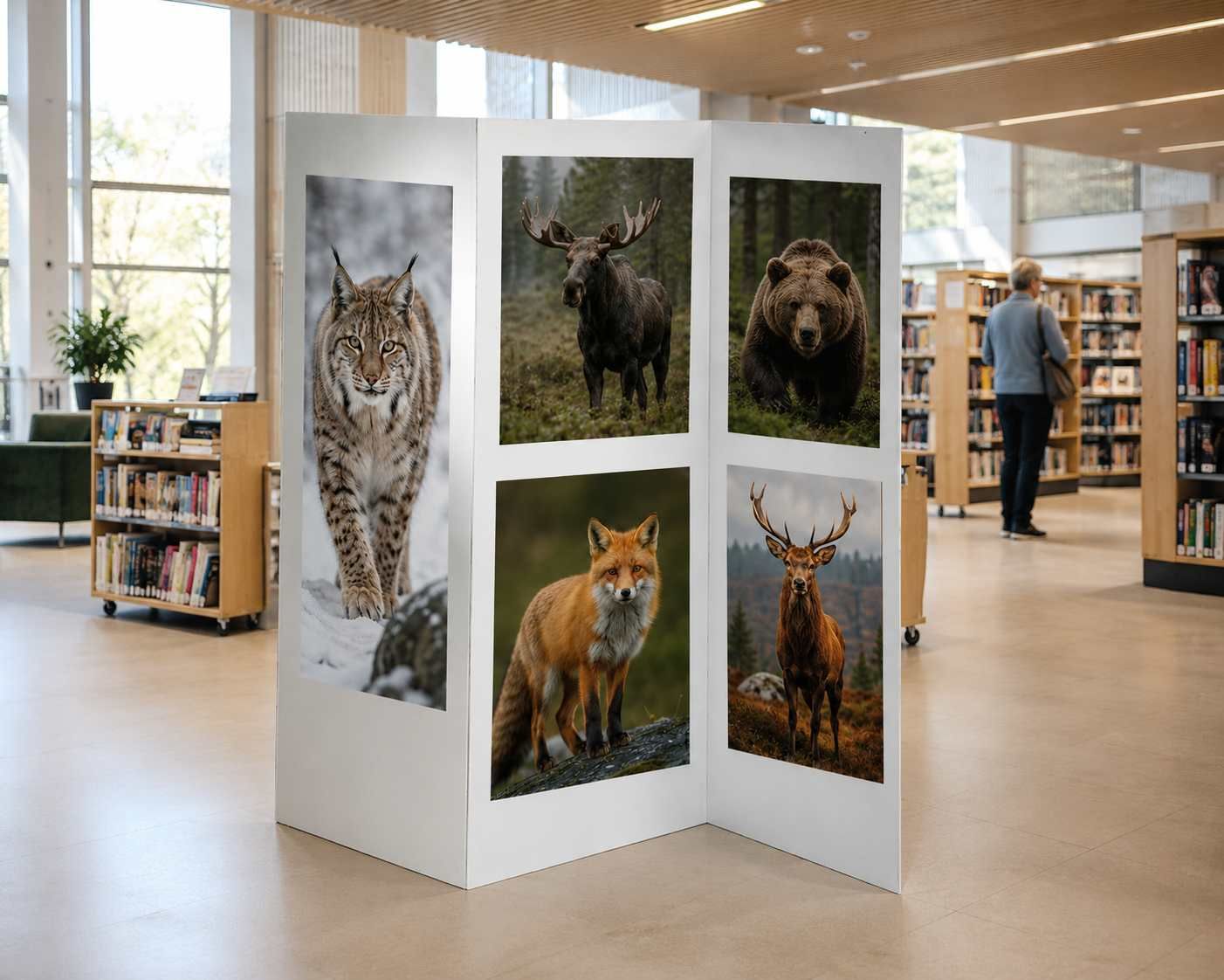 A white display panel in a library features five photos of wild animals: a lynx, moose, bear, fox, and deer.
