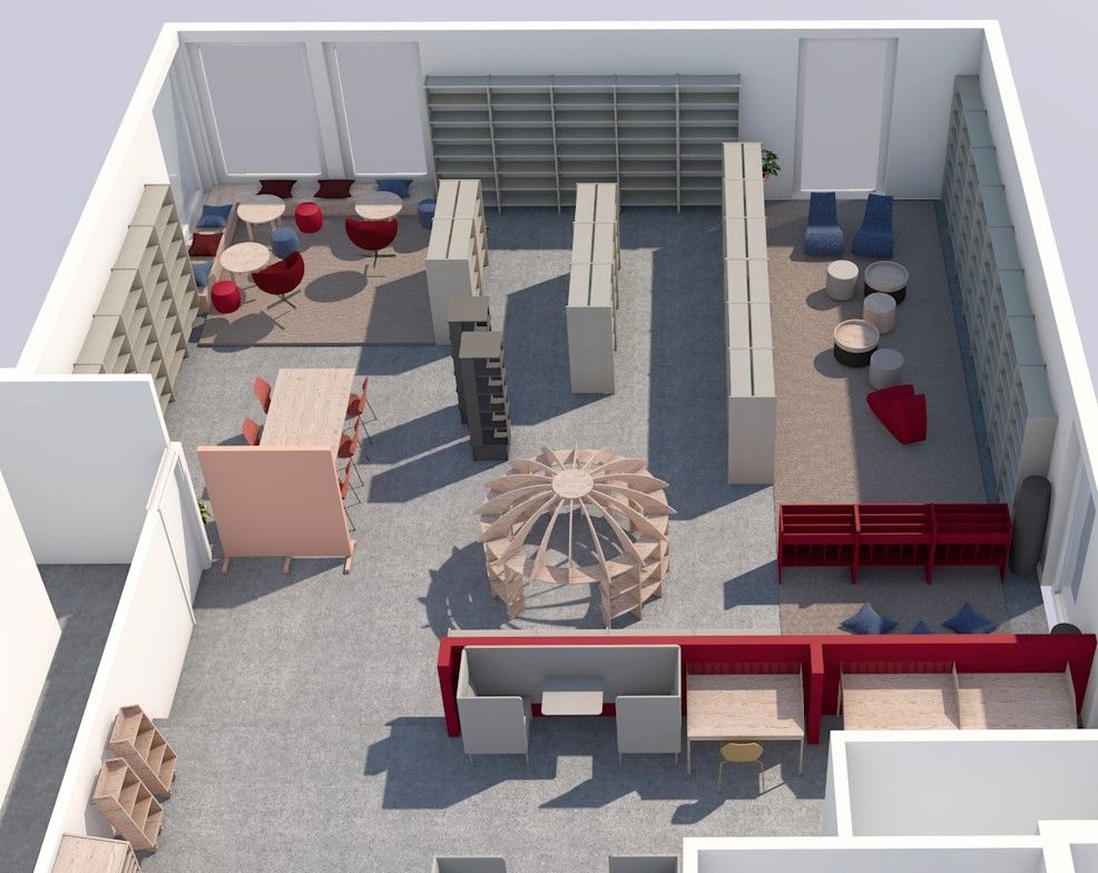 An overhead 3D rendering of a modern library or study space with diverse seating arrangements, long bookshelves, individual study carrels, and a unique wooden geodesic dome.