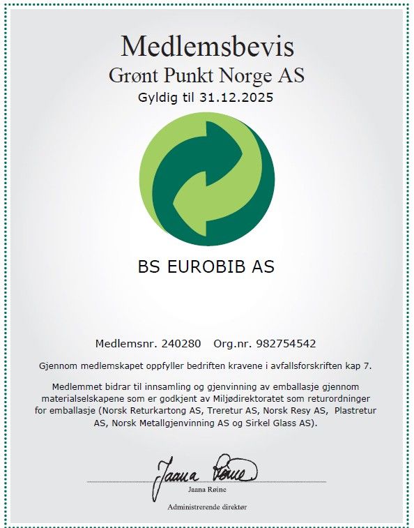 Grønt Punkt Norge AS membership certificate for BS EUROBIB AS, valid until 31.12.2025, featuring a green recycling logo and confirming packaging waste compliance.