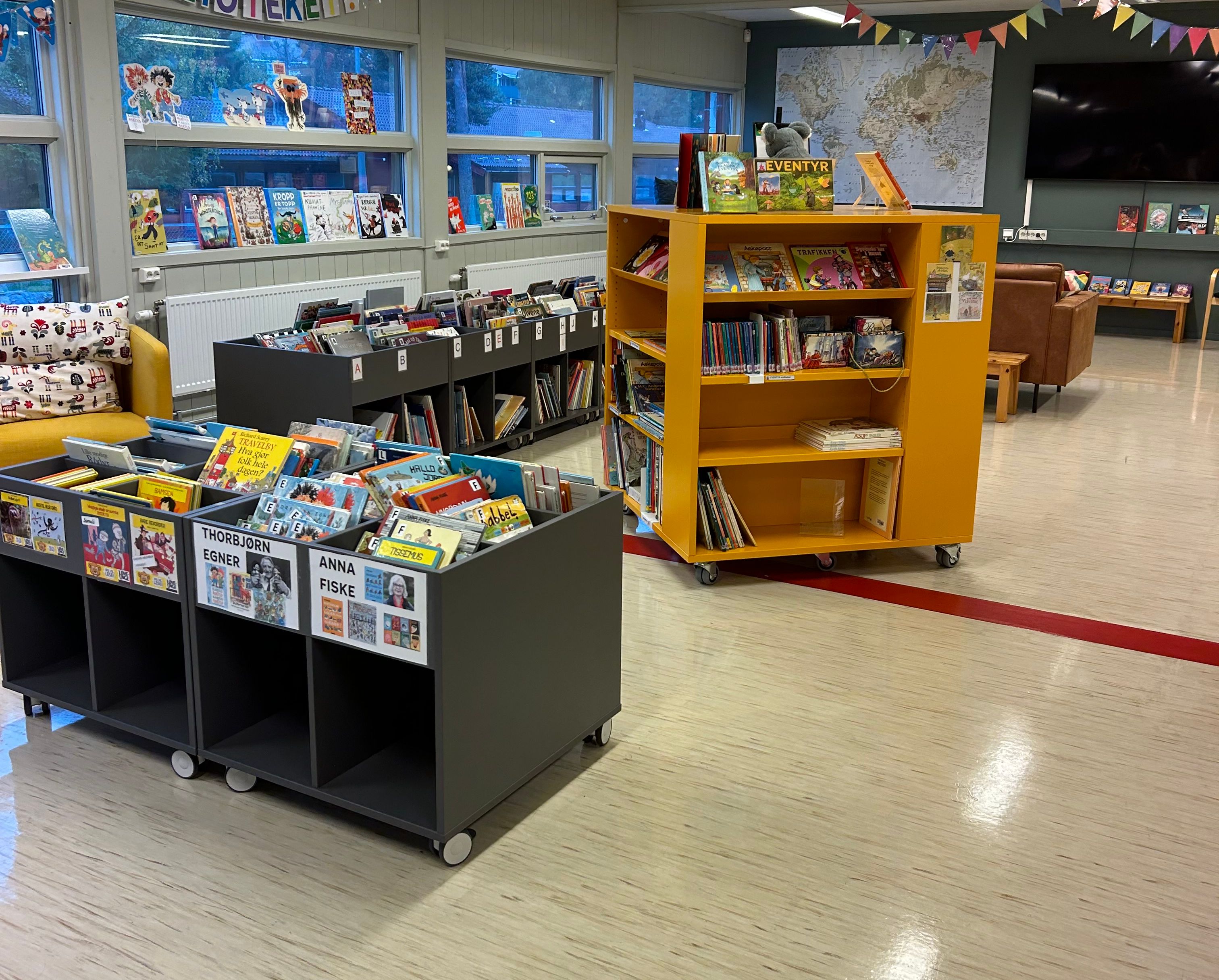 et bibliotek fylt med bøker, inkludert en som heter anna