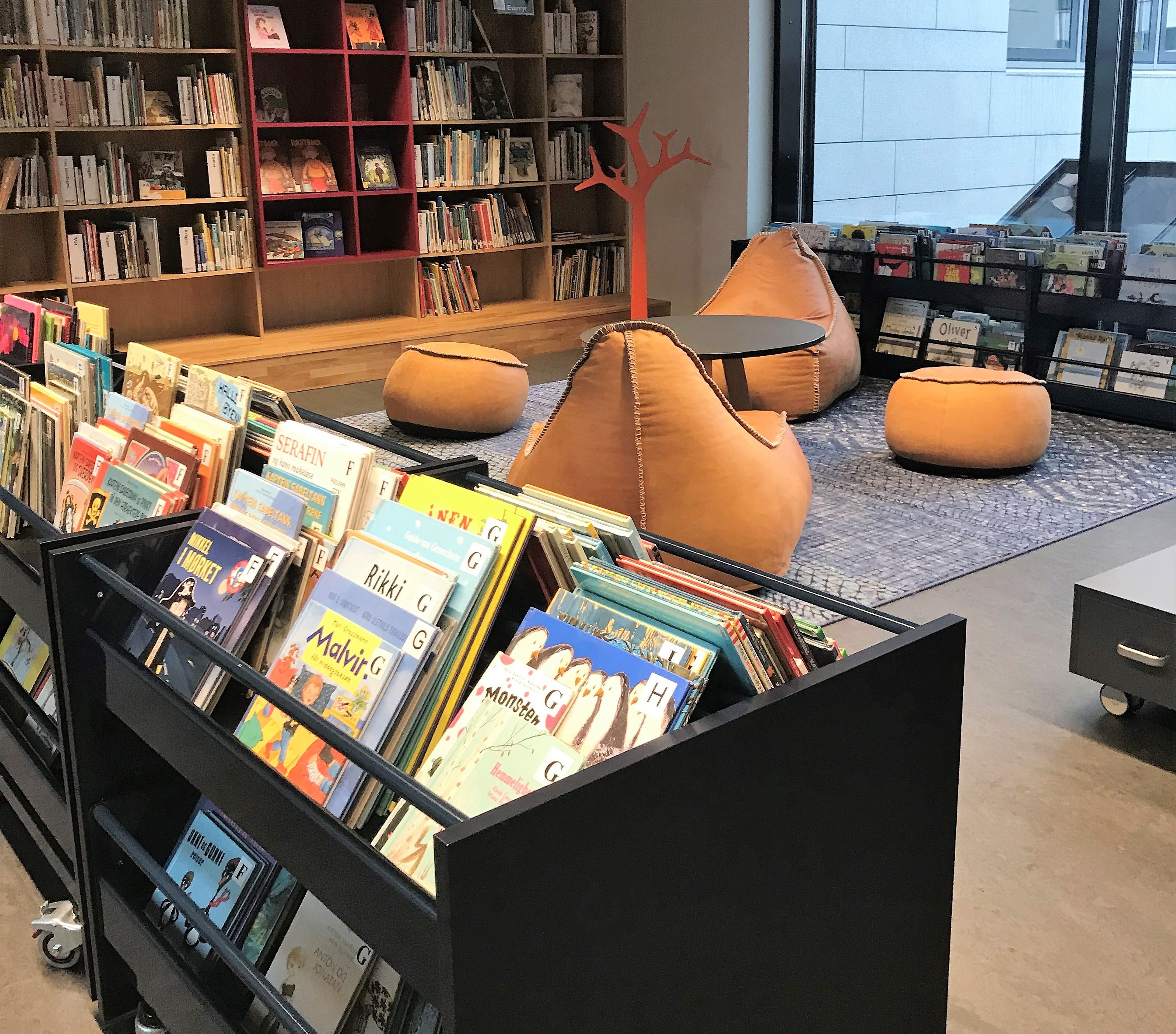 Barnas bøker vises i et bibliotek, inkludert en som sier 'astrid' på det