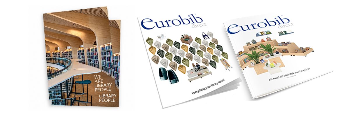 Three brochures are displayed: one with a modern library interior and two "Eurobib direct" catalogs featuring library furniture.