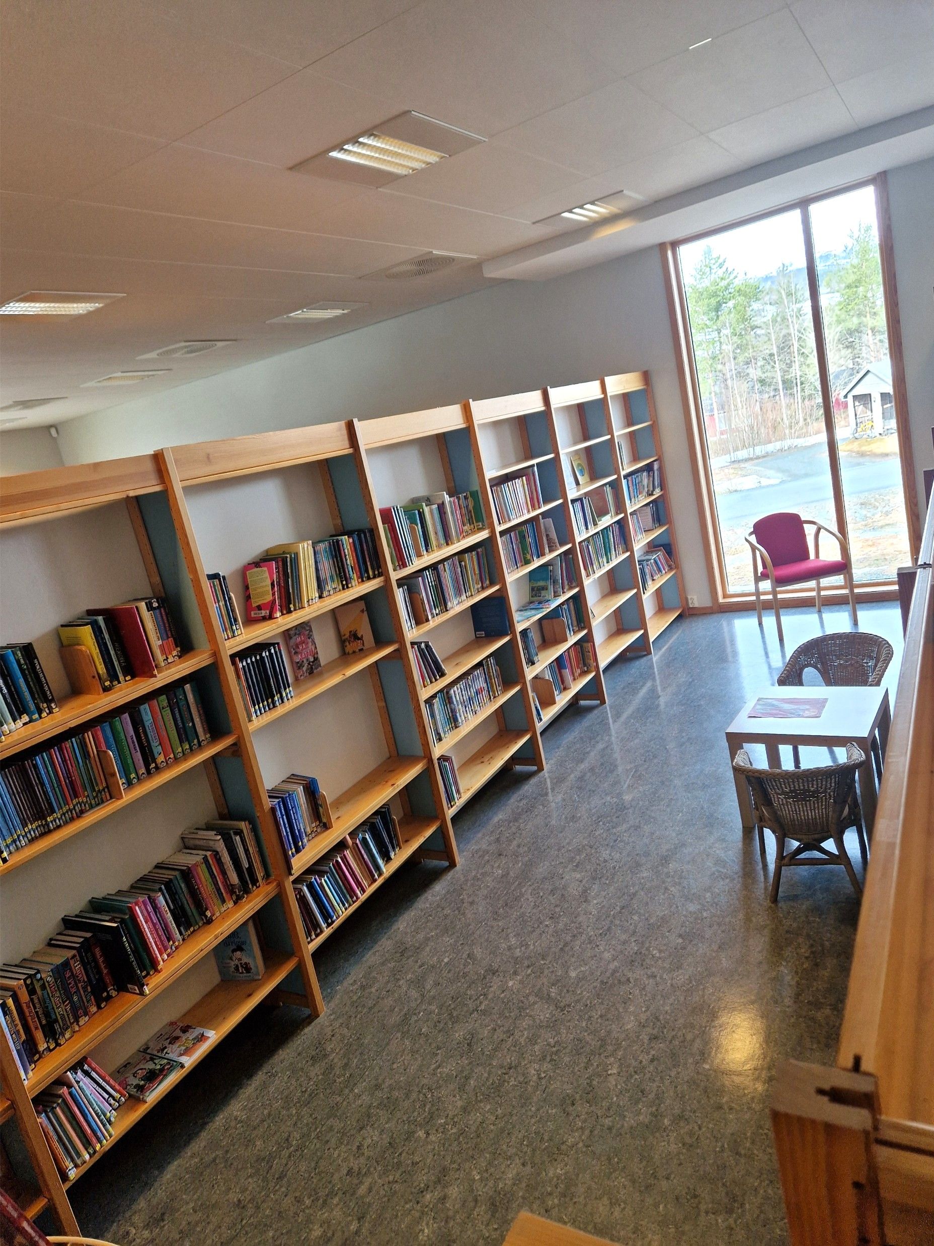 A library room with bookshelves, a large window looking out to trees, and a table with wicker chairs.