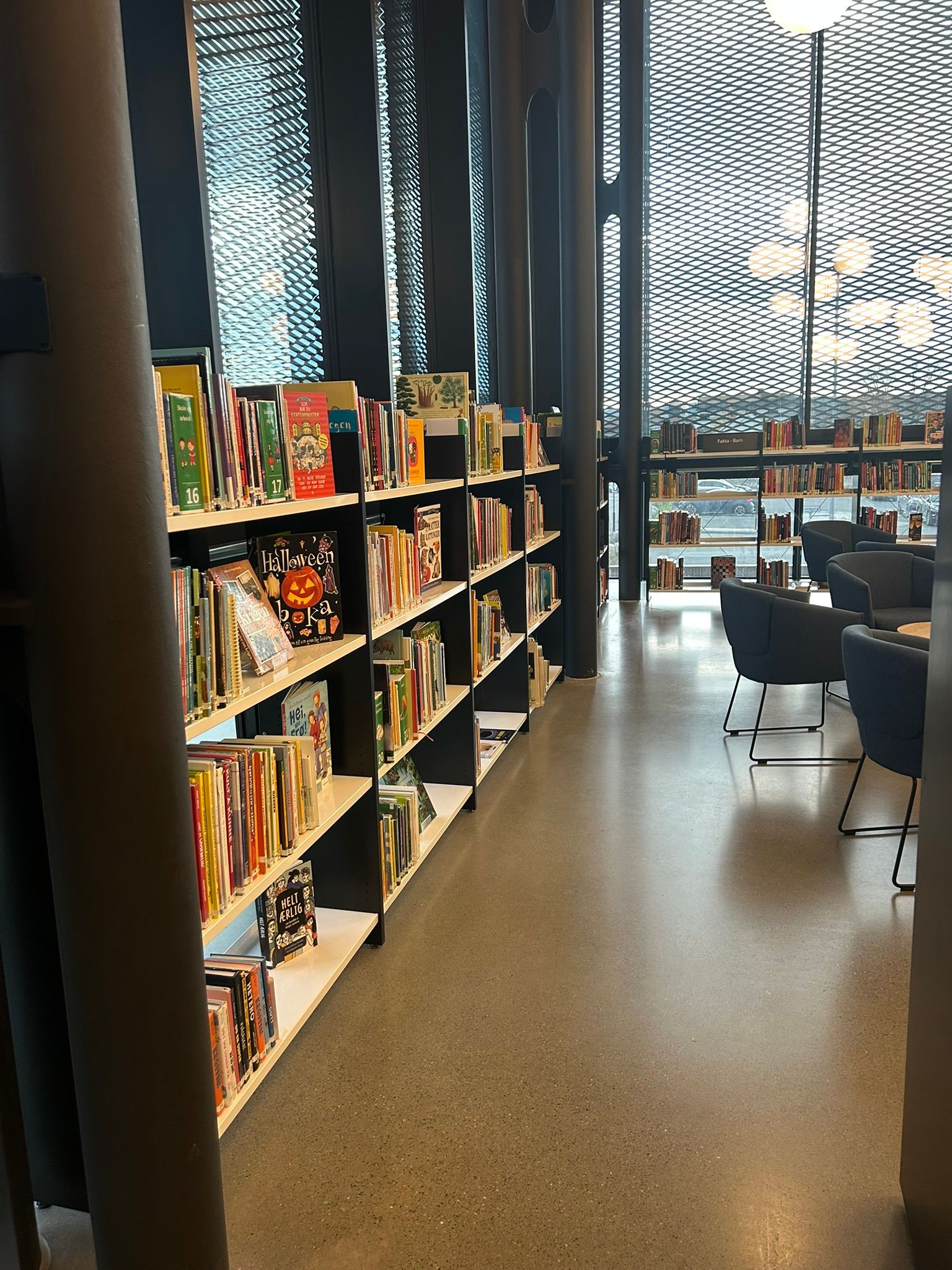 Modern library with bookshelves, a concrete floor, and seating by large, patterned windows.