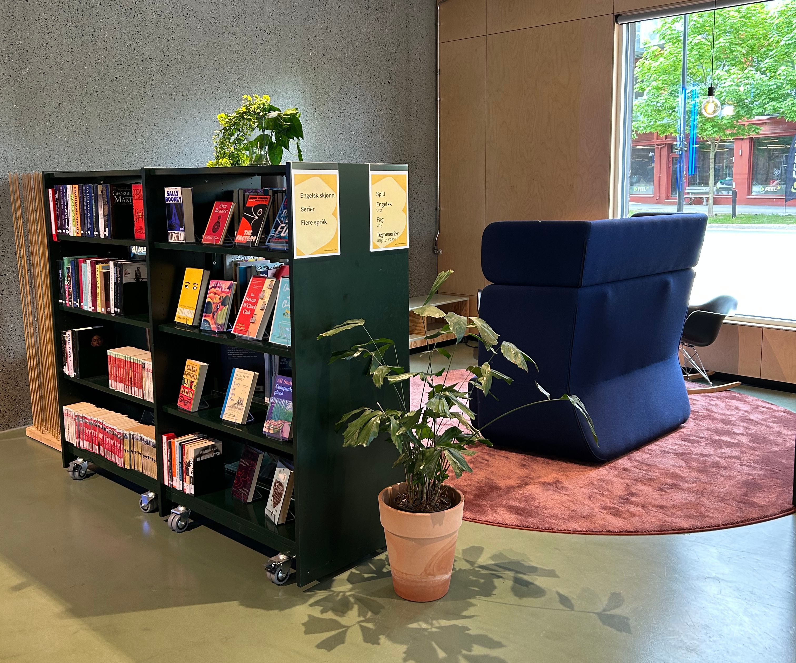 A modern reading space with a dark green rolling bookshelf, a potted plant, a blue armchair on a pink rug, and a large window.