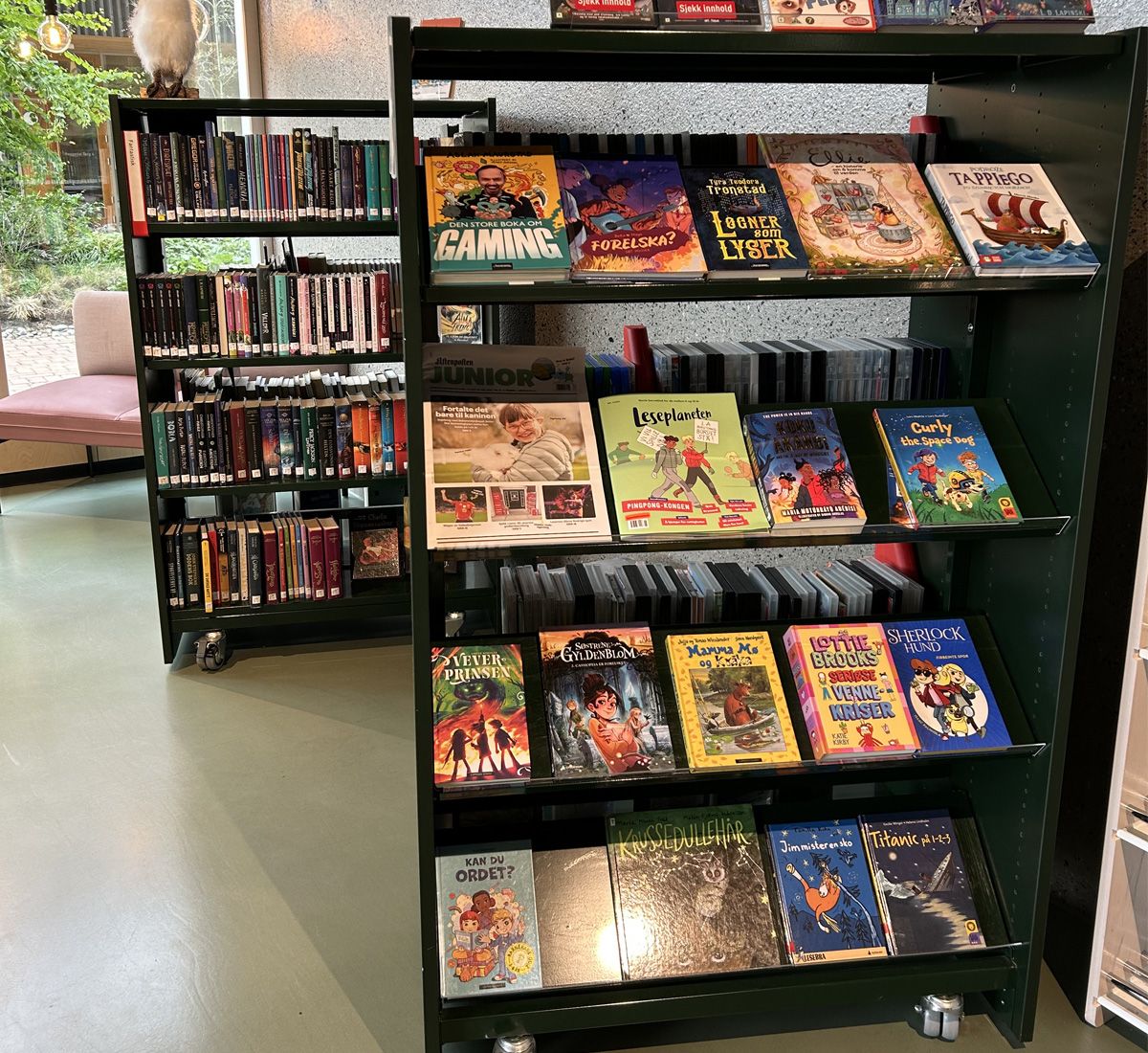 en bokreoler med skråhyller for å stille ut bokens forside