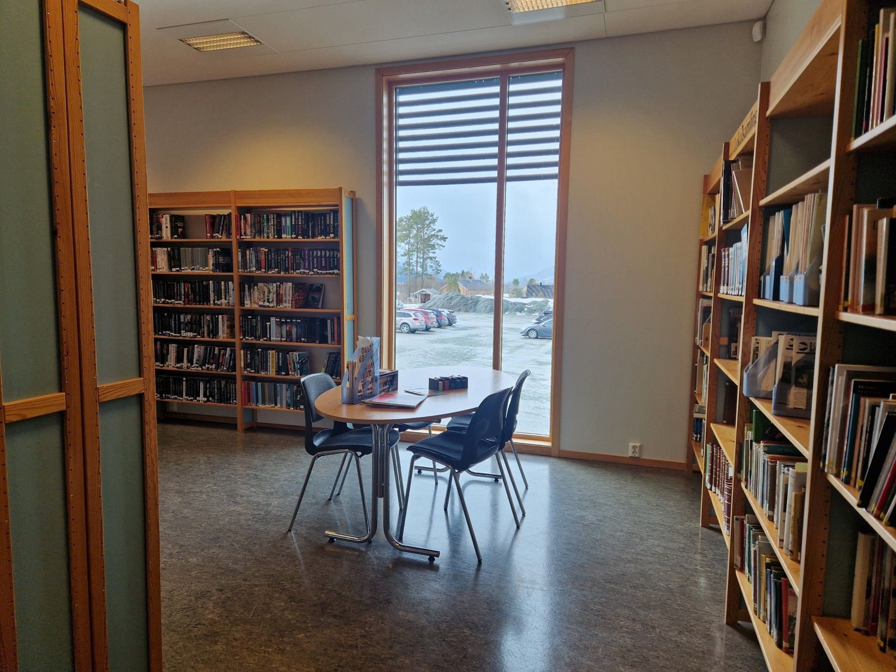 A library room with bookshelves, a table with chairs, and a window view of a snowy parking lot.