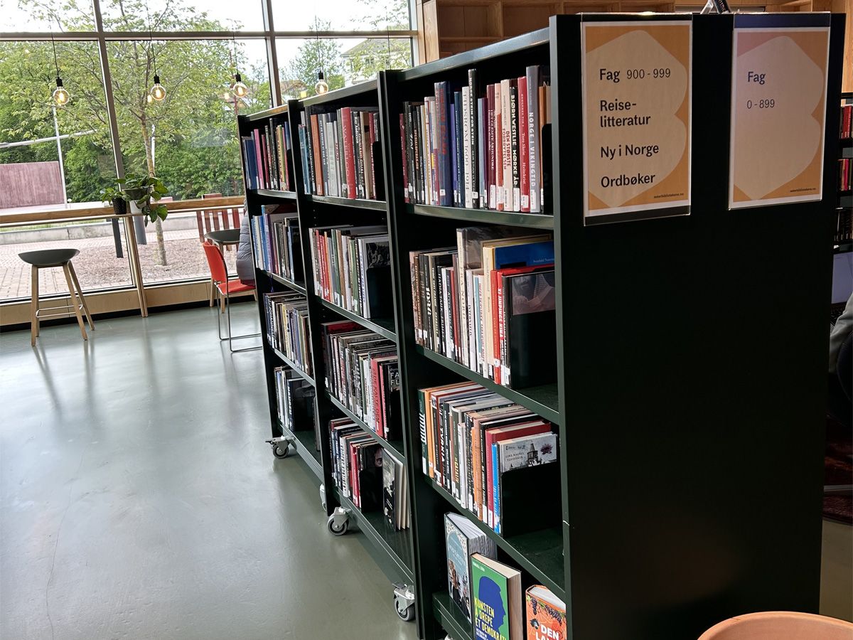 et bibliotek med en bokreoler på hjul midt i rommet