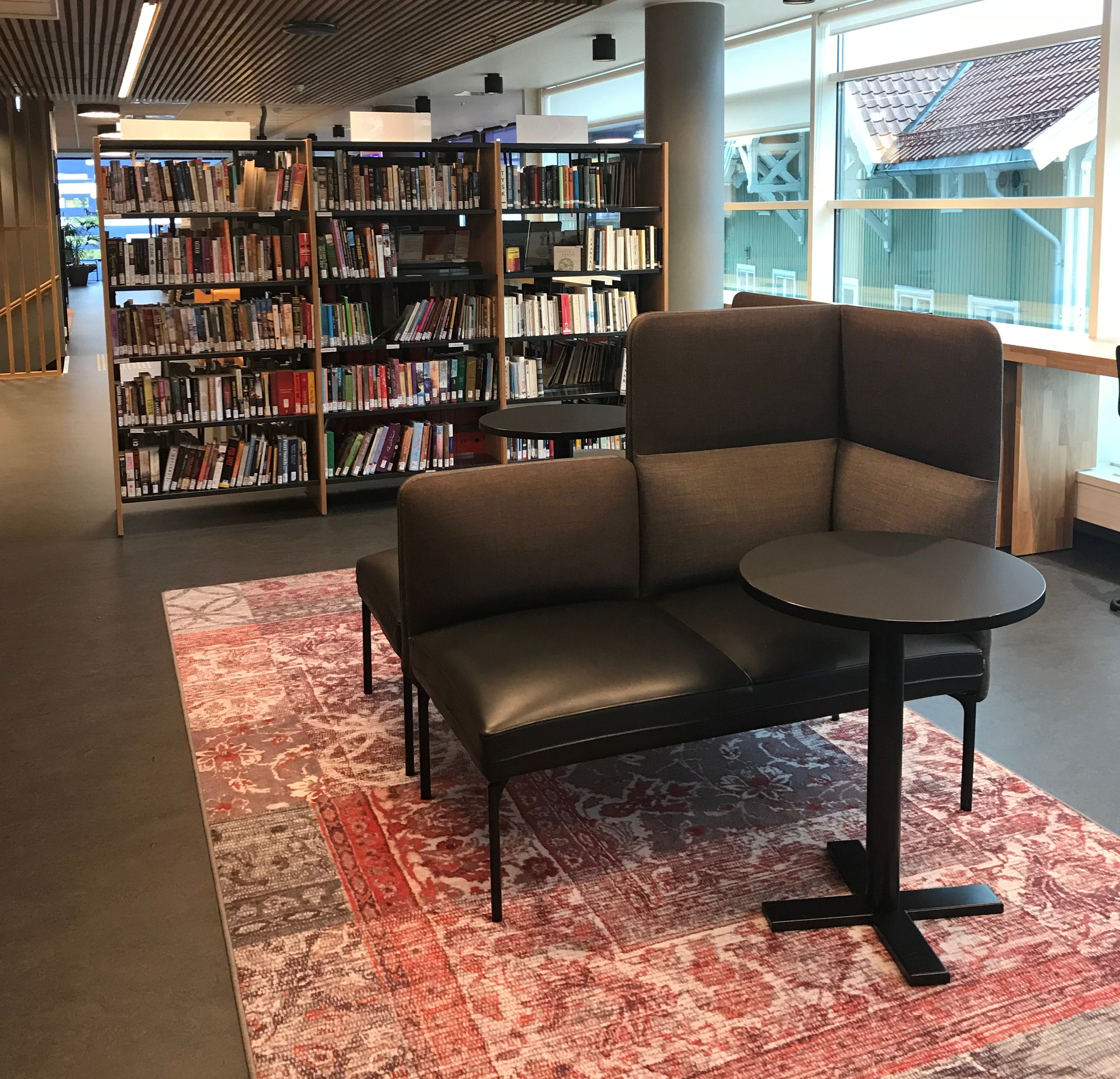 et bibliotek med en sofa og et bord foran bokhyller