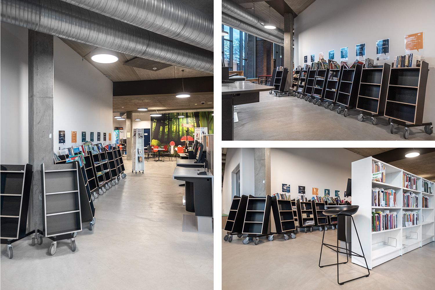 et bibliotek med mange bøker i forskjellige bokvogner.