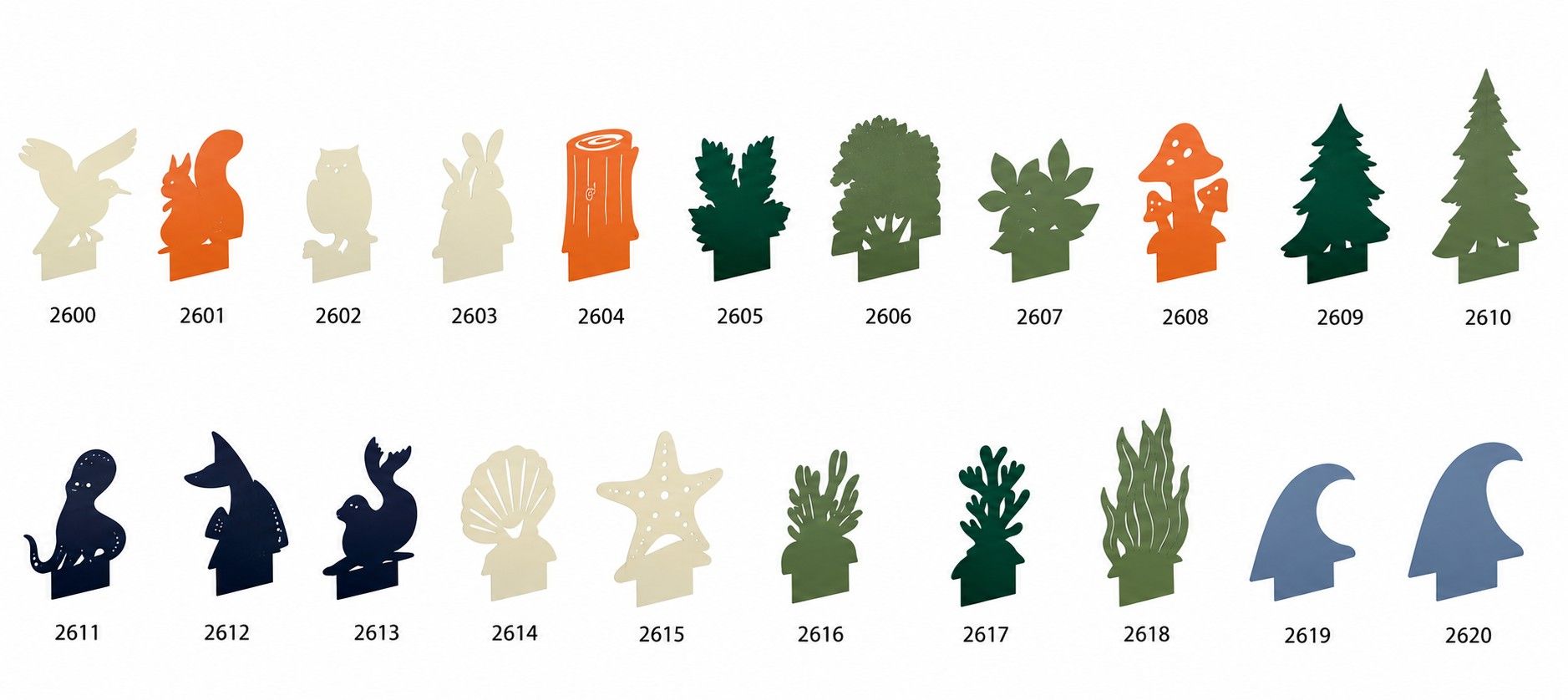 Diverse nature-themed cutouts, including forest animals, trees, sea creatures, and waves.