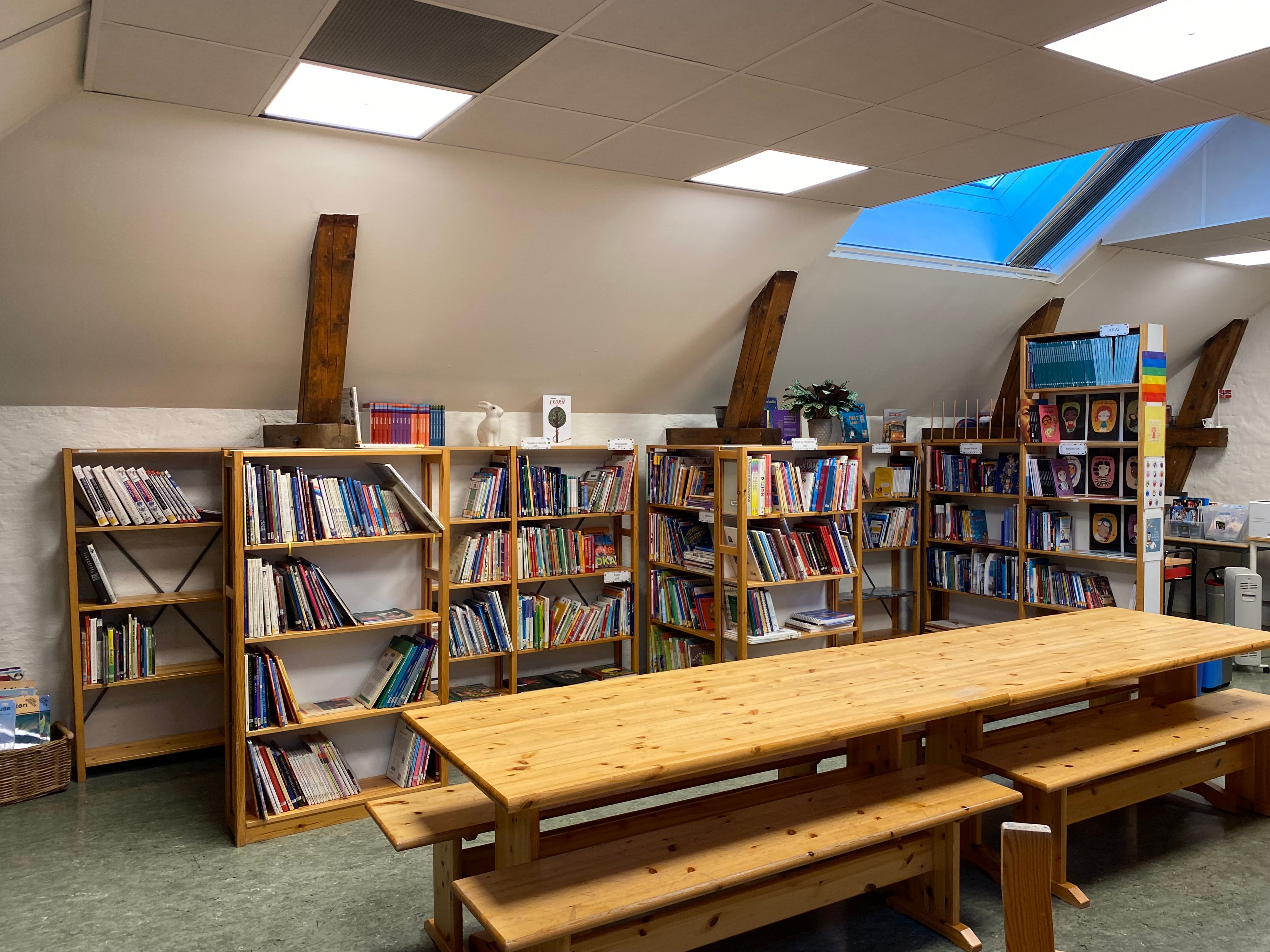 An attic library room with wooden bookshelves filled with books, long wooden tables with benches, and a skylight.